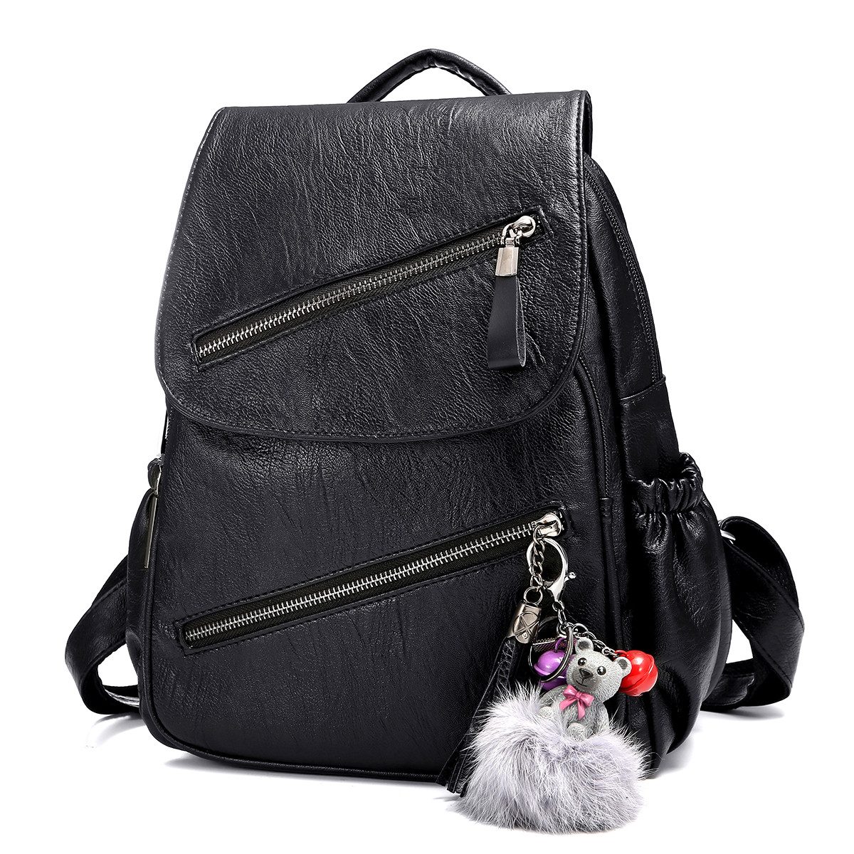 JOSEKO Rucksack Schwarzer Kunstleder-Rucksack mit diagonalen Reißverschlüssen (stylisches Design trifft Alltagstauglichkeit), Urbaner Style für jeden Tag