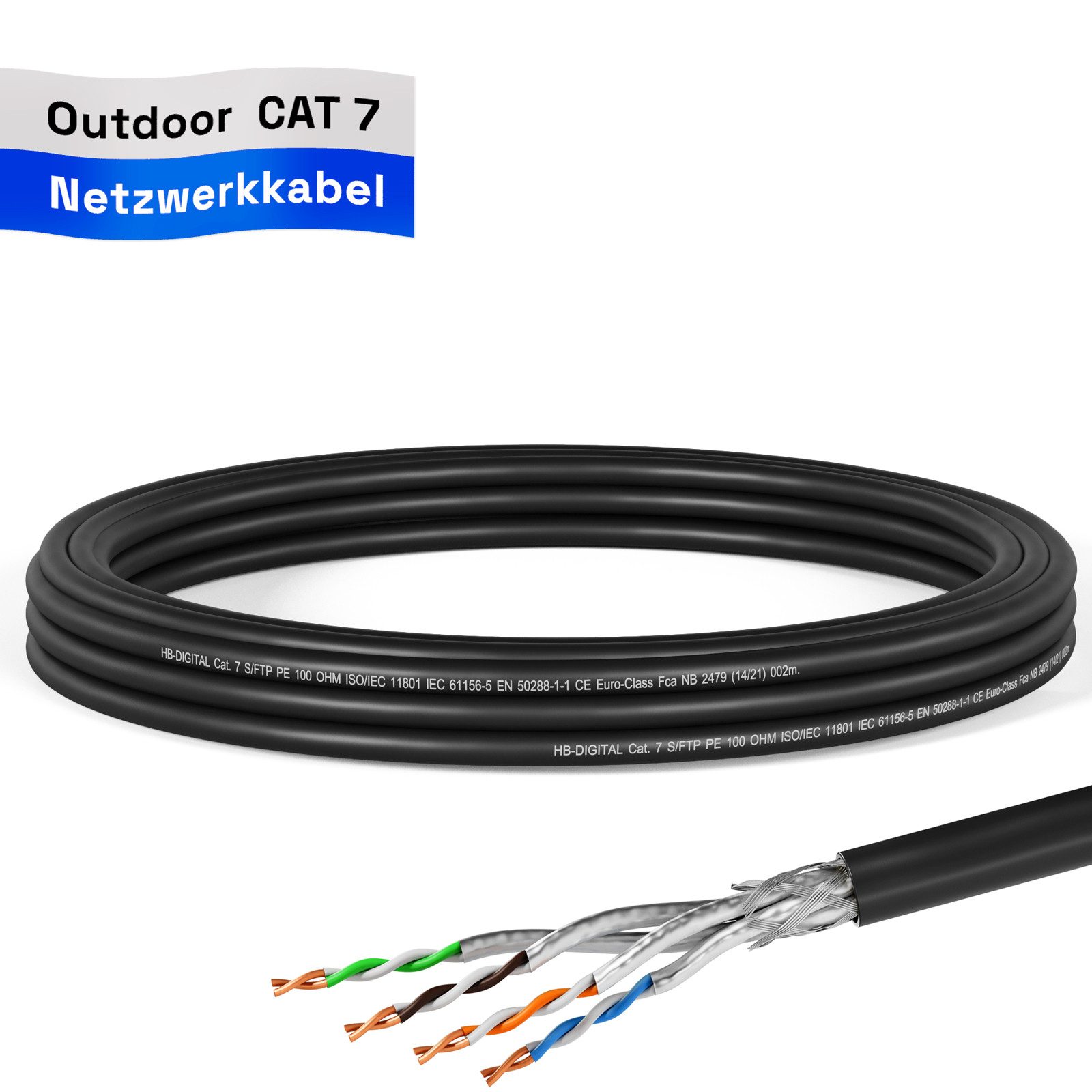HB-DIGITAL Kabel CAT 7 Outdoor AWG23, Netzwerkstecker, (500 cm), Premium Qualität mit Ø 7,2mm Außendurchmesser