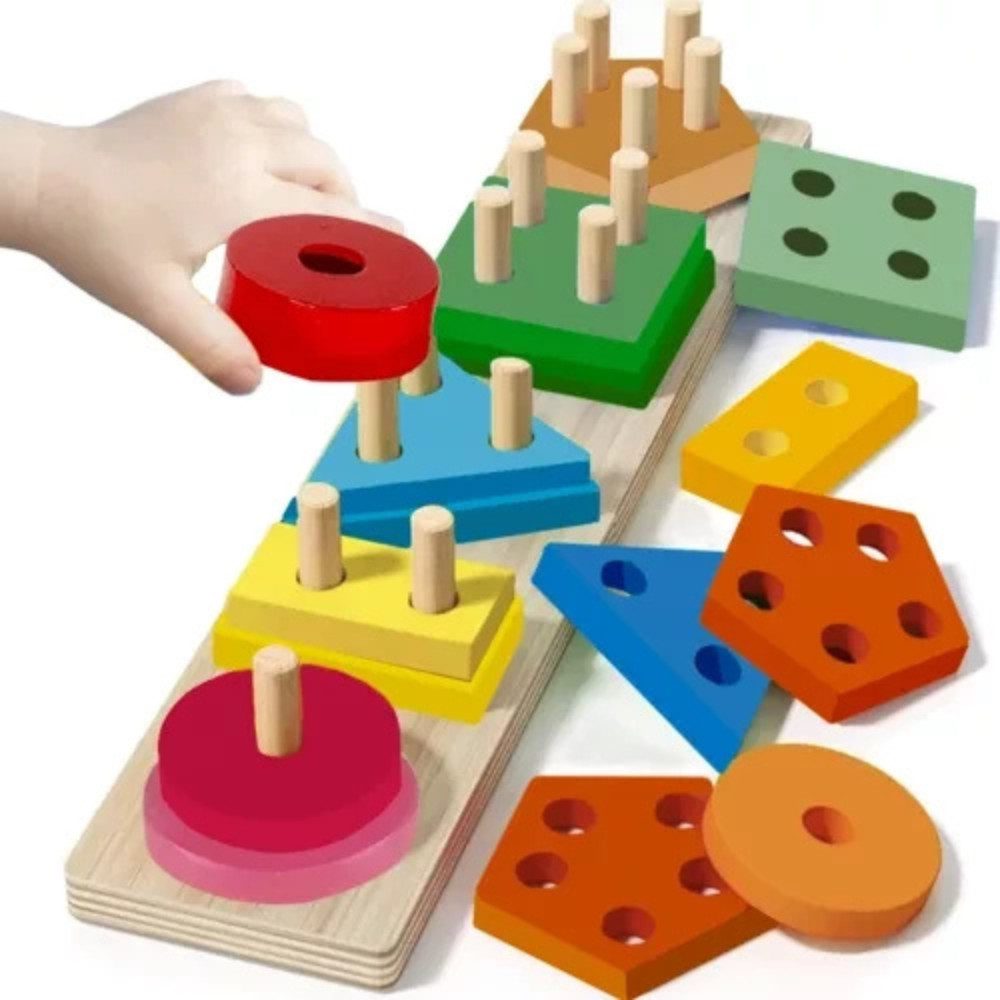 KRUZZEL Steckpuzzle Holzspielzeug Sortierer Kinder, 15 Puzzleteile, Enthält Kreis, Quadrat, Rechteck, Dreieck und Fünfeck, 15 bunte Blöcke