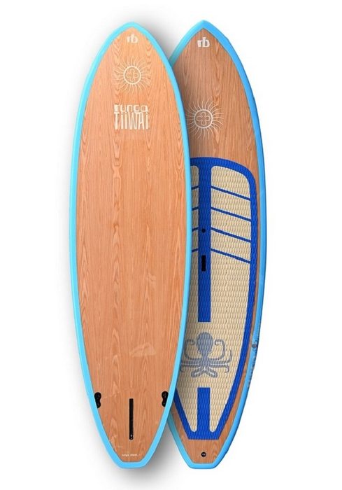 Runga-Boards SUP-Board Runga TIIWAI WOOD cherry Hard Board Stand Up Paddling SUP Allrounder (Set 9.5 Inkl. coiled leash & 3-tlg. Fiberglas Finnen-Set)