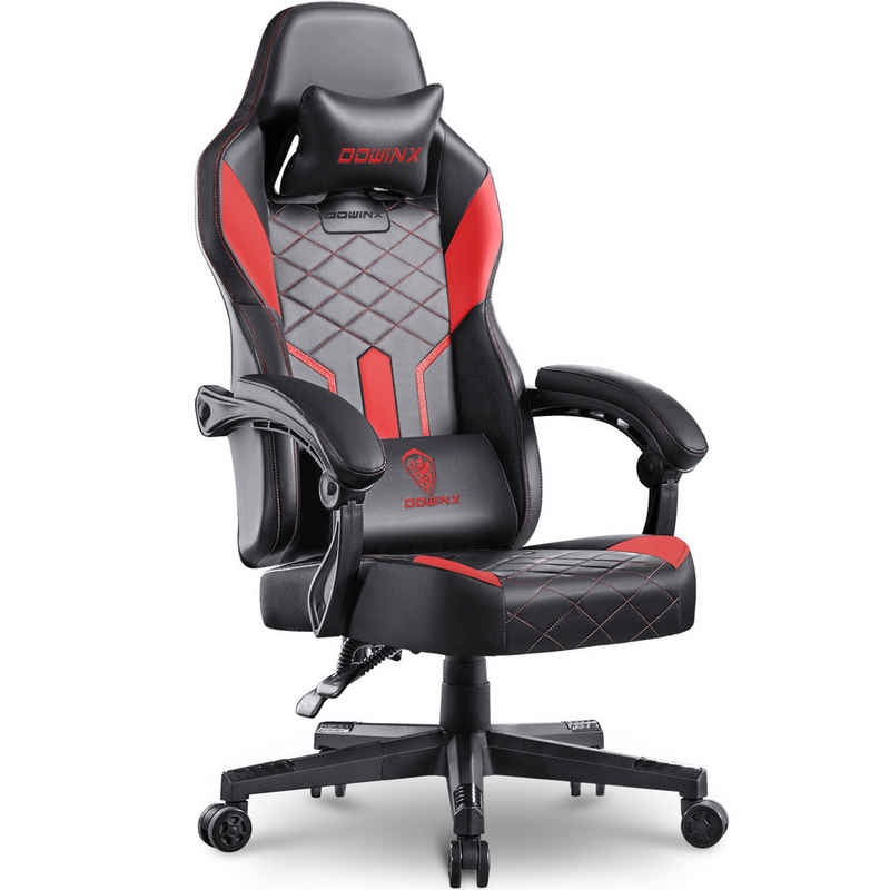 Dowinx Gaming-Stuhl mit Federkissen und Lendenwirbelstütze, ergonomisches Design, PU-Leder, breitere Rückenlehne, Schwarz und Rot