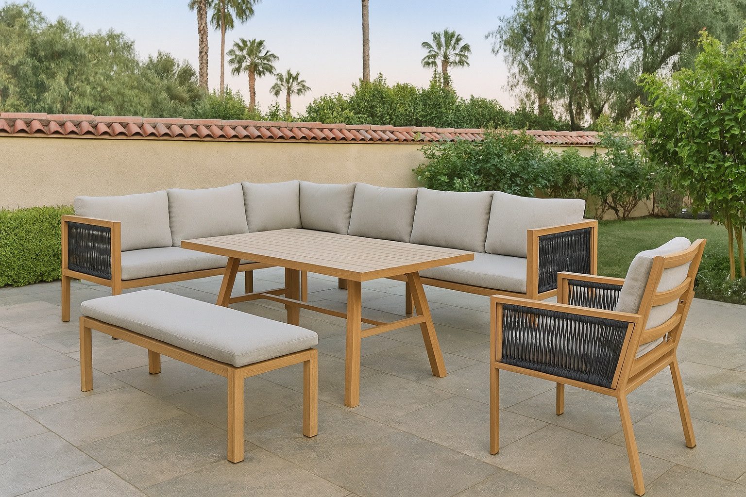 Gardissimo Gartenlounge-Set Luka links / Alu / Gartenmöbelset / Dining Lounge / Holz Optik, (Spar-Set, 4-tlg., komplett-Set), inkl. Auflagen / wetterfest / pflegeleicht