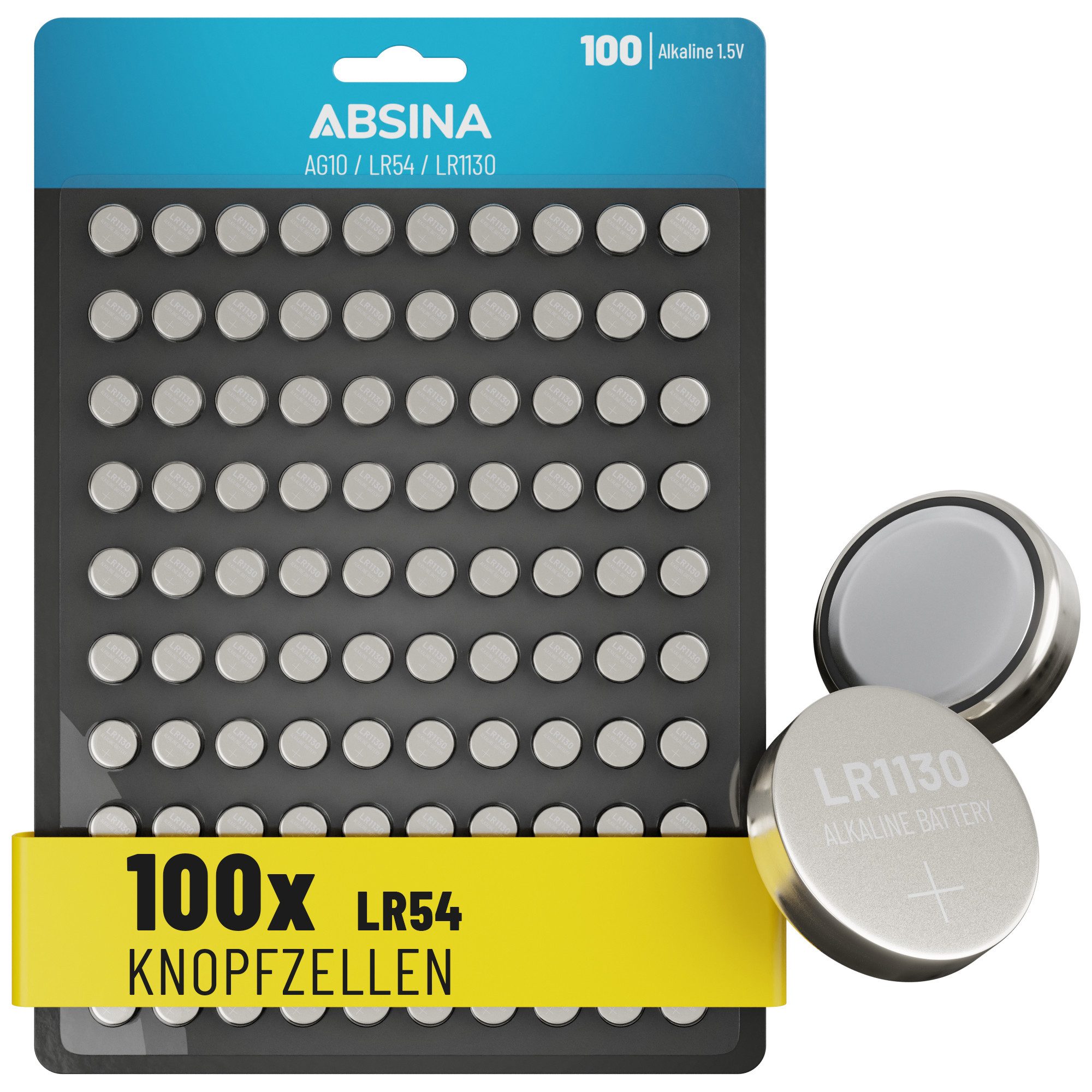 ABSINA AG10 LR1130 Knopfzelle 10er Pack - 1,5V Alkaline Knopfzellen Knopfzelle, AG10 (1,5 V, 1 St), Temperaturbeständig bei -10°C bis +50°C