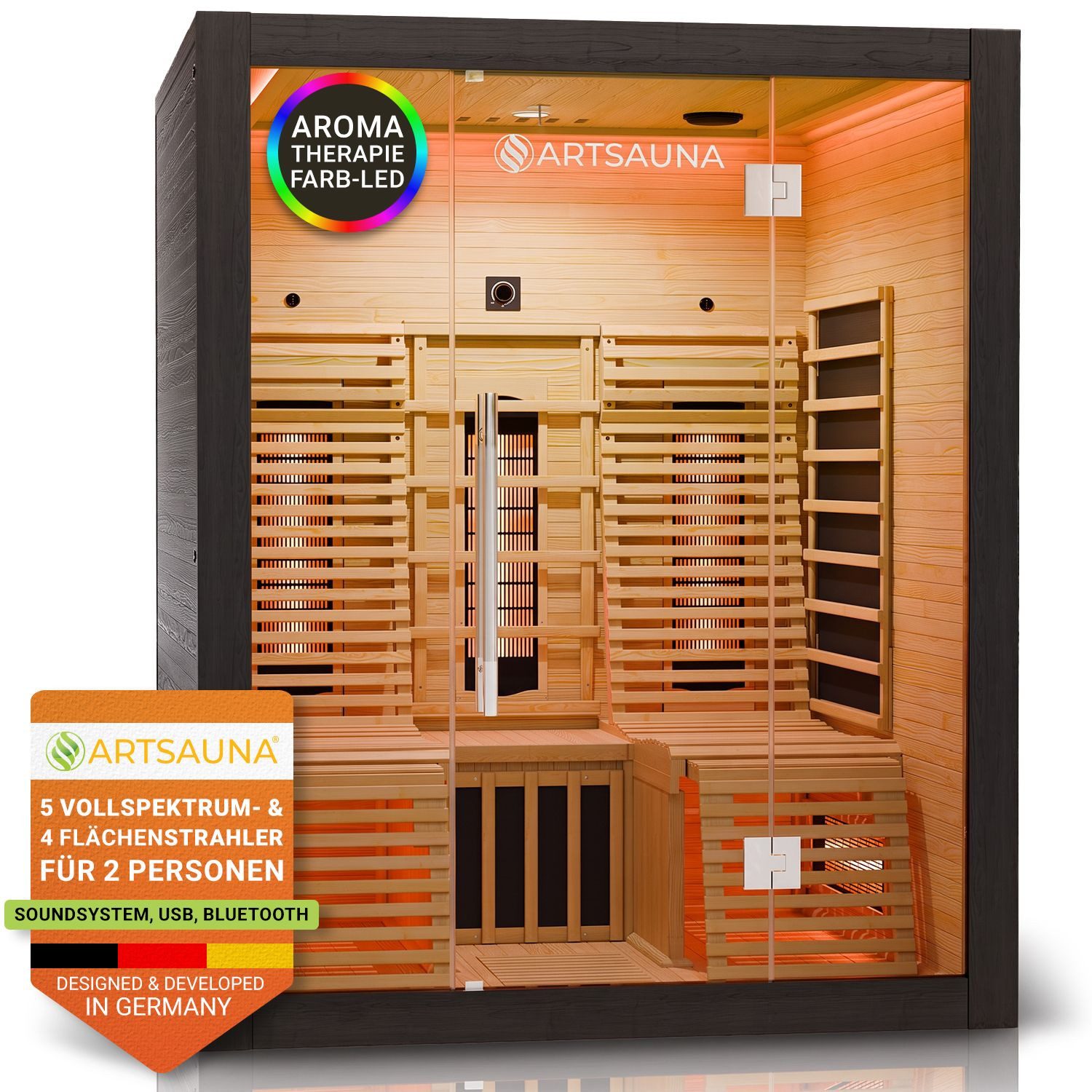 Artsauna Infrarotkabine Helsinki150 Dual Technology, BxTxH: 150 x 150 x 190 cm, für 3 Personen, Hemlockholz, HiFi-System, Ionisator, LED-Farblicht