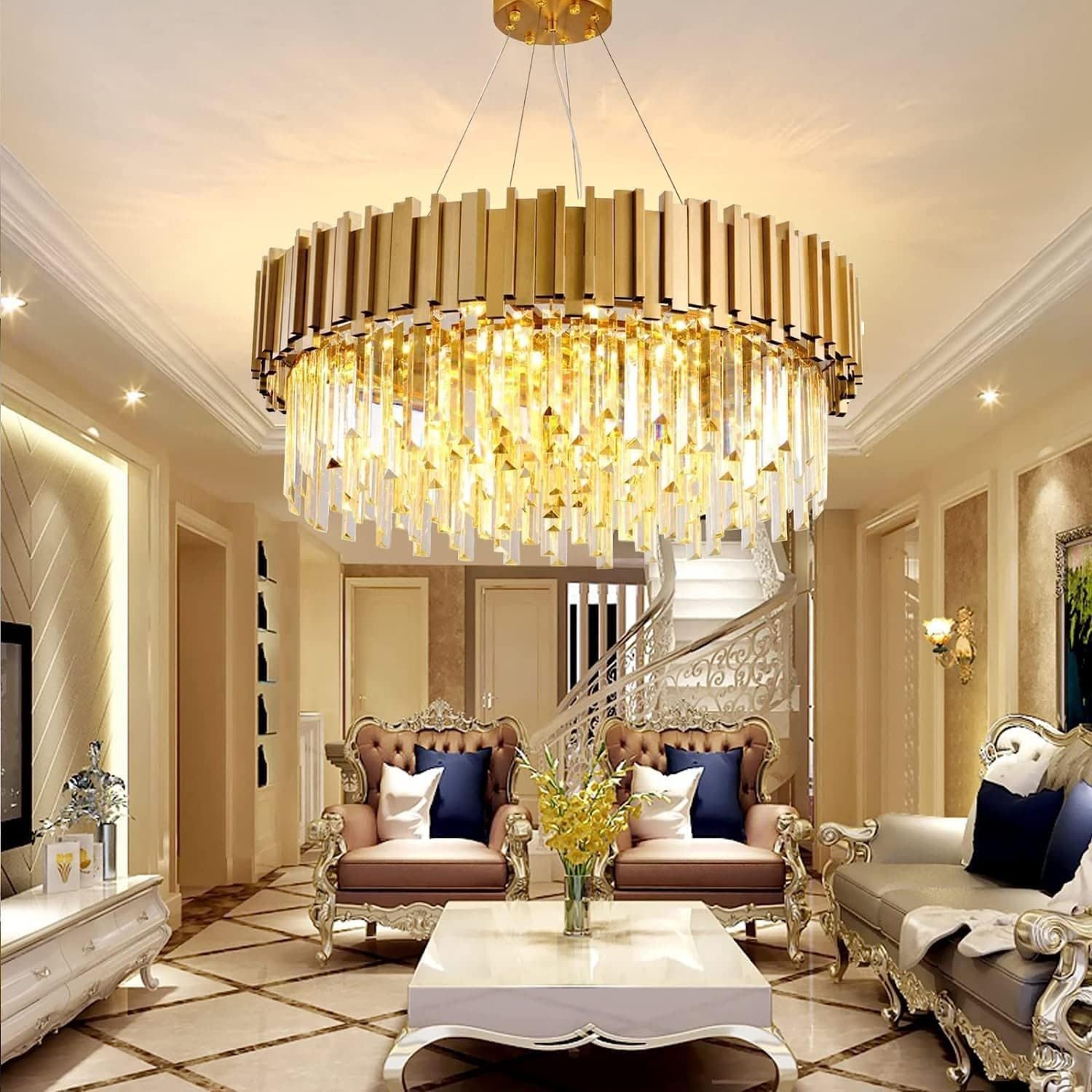 RRBEST Kronleuchter Kristall Leuchte, Kristall Deckenleuchte Silver, 9xE14 Lichter, für Esszimmer, Küche, Wohnzimmer, Schlafzimmer, Flur, Café, Bar