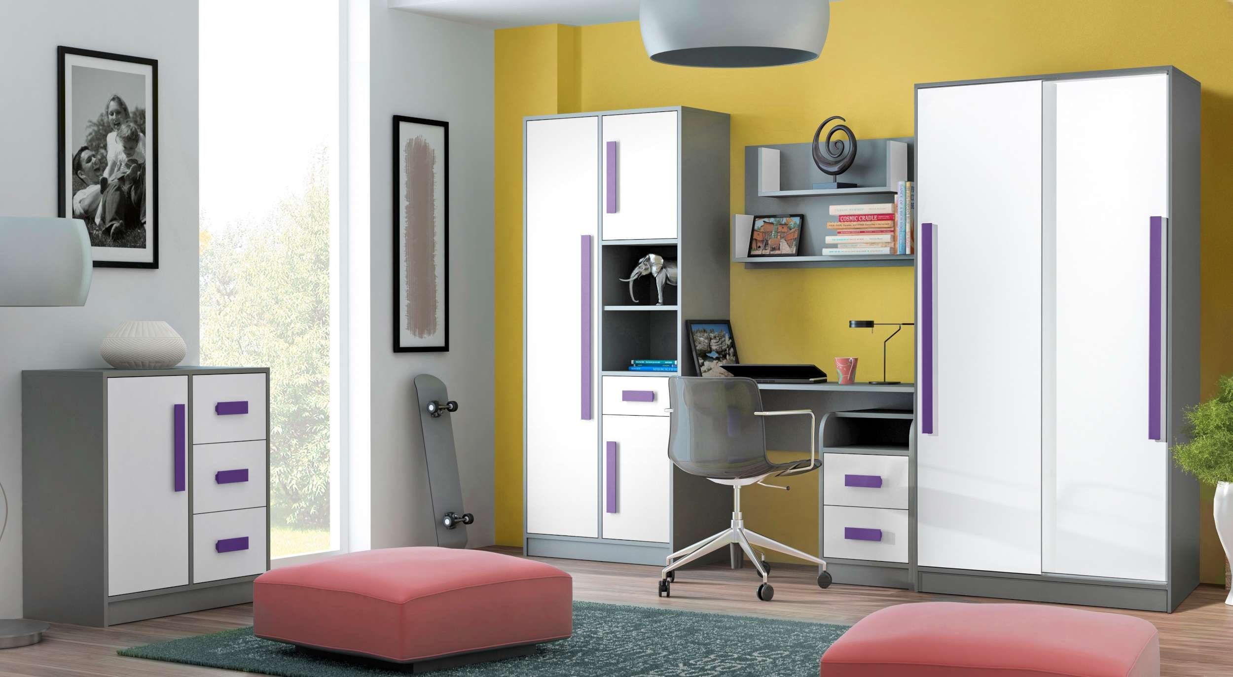 Weiß mit - Modern Schubladen, Kinder Vollauszug, - Violett Grau Kinderkleiderschrank Stylefy III Design, für (Sideboard, Standschrank) Gael