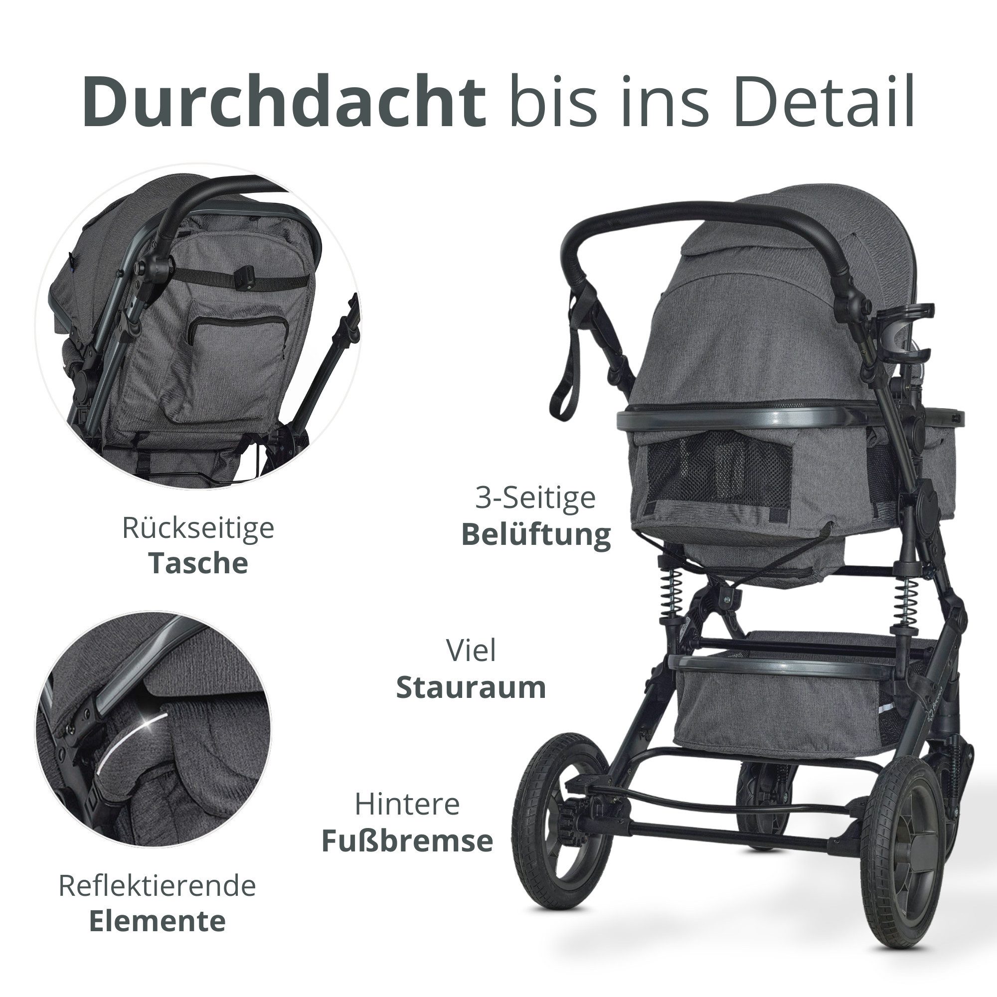 Bronea Kombi-Kinderwagen EXQUISE 2.0 Kinderwagen 3-in-1 GREY/GREY mit BUGGY, AUTO-BABYSCHALE, HOCHWERTIGES MODELL, Wickeltasche, Regen-, Mücken- & Sonnenschutz – Bild 5 von 5