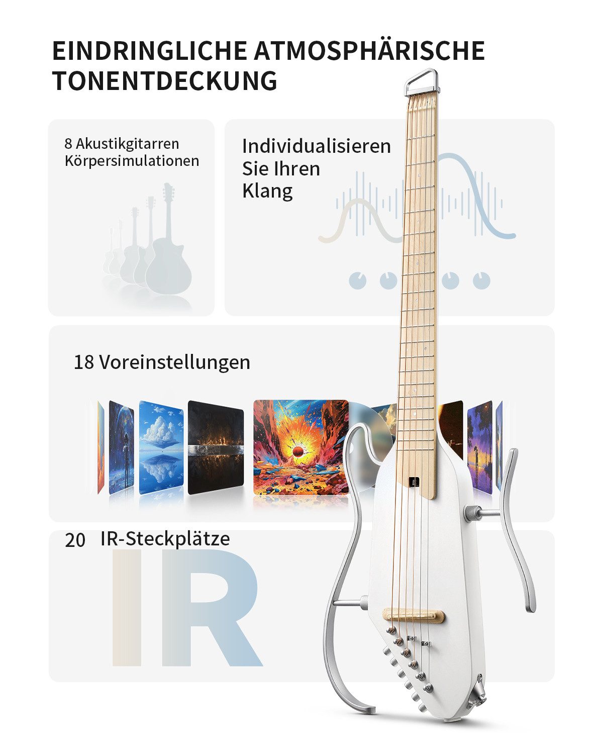 Donner Akustikgitarre HUSH I PRO Reisegitarre Effekte Smart E-Gitarre Set mit Kopfhörer, Matt Federleichte kopflose Gitarre, Kopfhörer, Gigbag, Gurt, Ladekabel, Ideal für Reisen und zum Üben