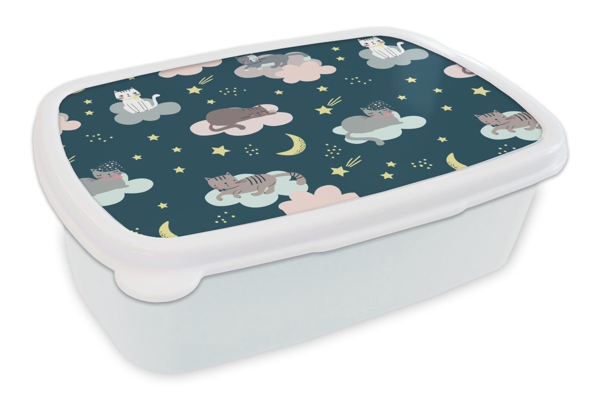 MuchoWow Lunchbox Muster - Katze - Mond - Jungen - Mädchen - Kinder - Kind, Kunststoff, (2-tlg), Brotbox für Kinder und Erwachsene, Brotdose, für Jungs und Mädchen weiß