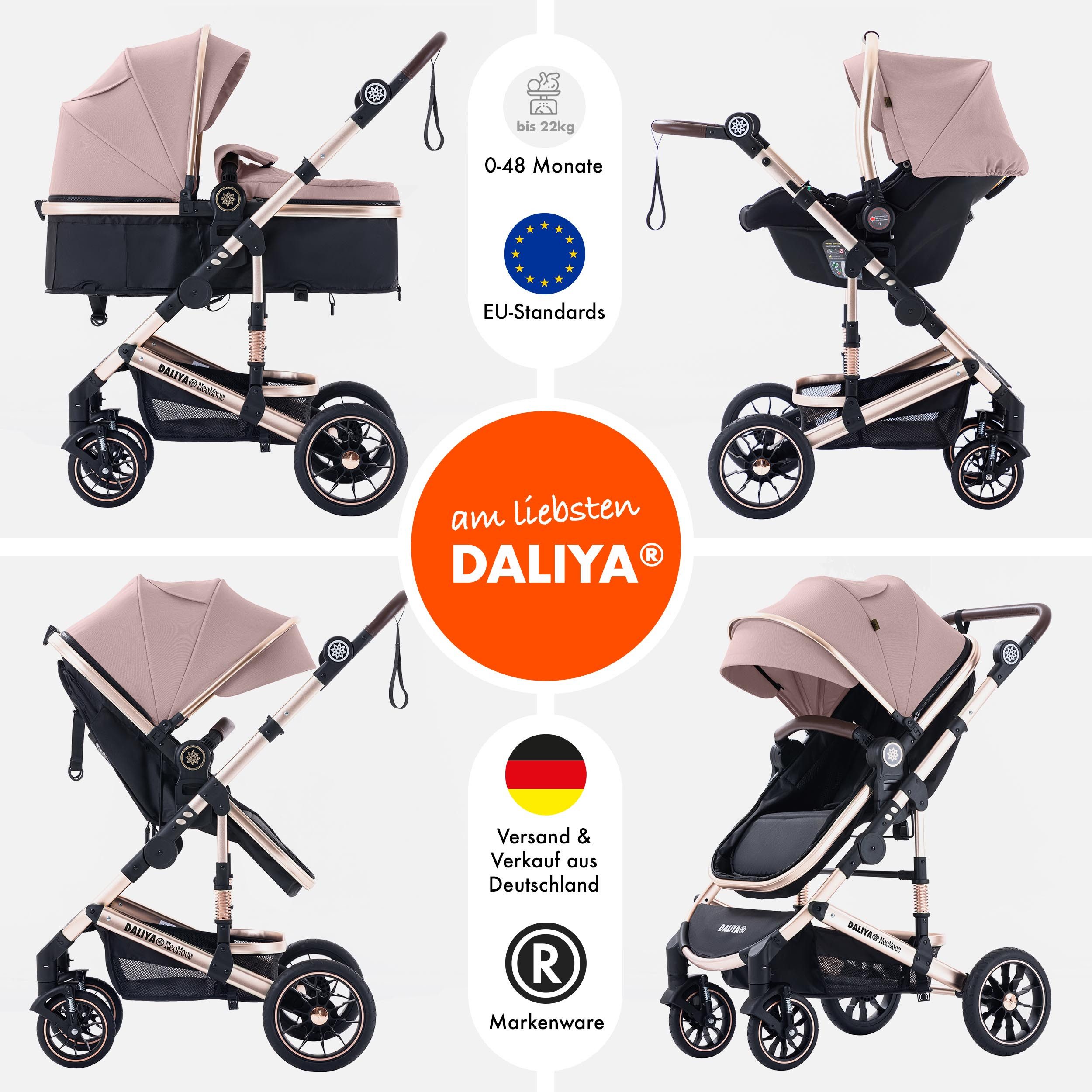 Daliya® Kombi-Kinderwagen NEOMOVE 3in1 Kinderwagen mit i-Size Babyschale & Buggy, (Reise-Set, 10-tlg), Kinderwagen mit i-Size Babyschale, Alu-Rahmen, Großer Einkaufskorb