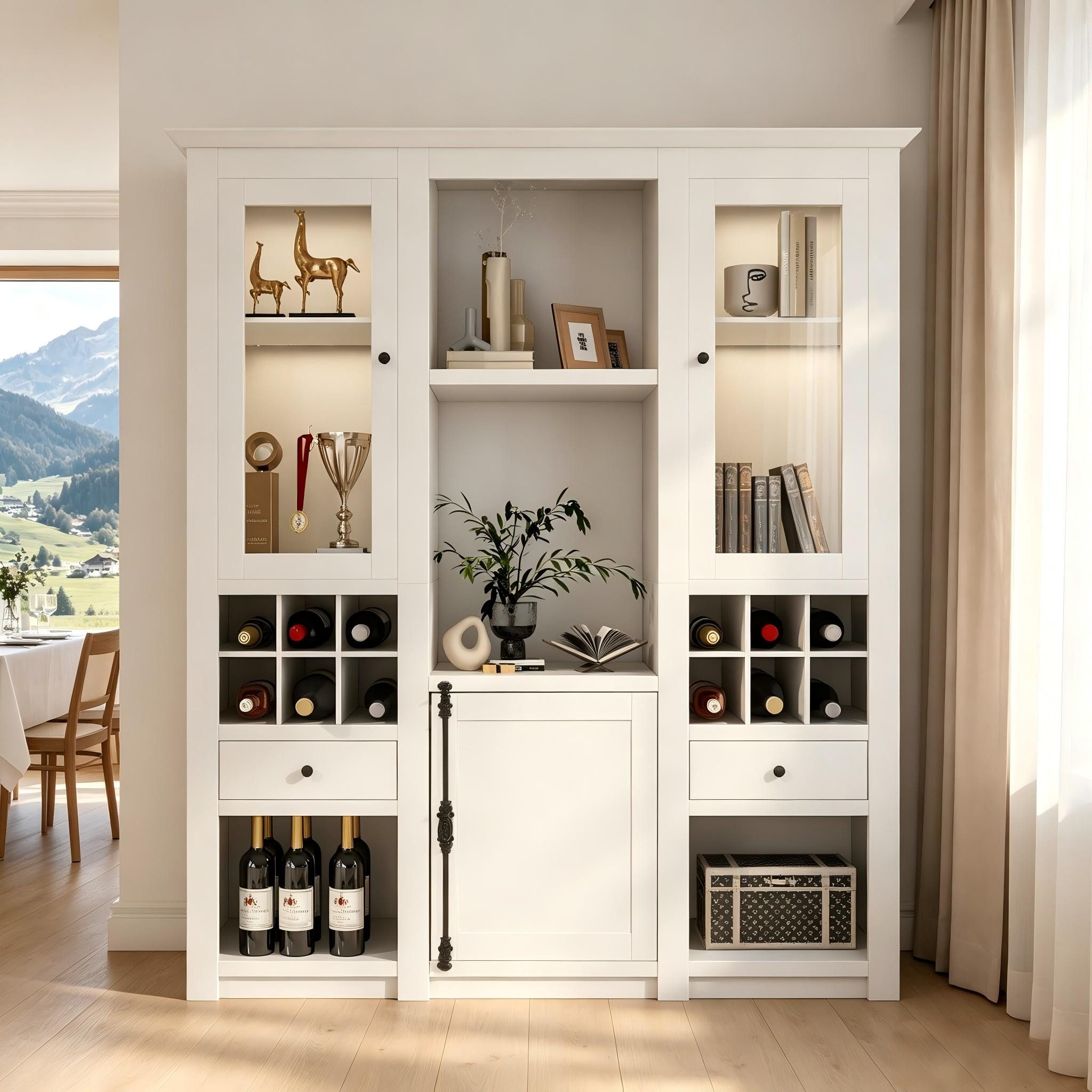 Merax Standvitrine mit LED-Beleuchtung, Buffet Stauraumvitrine Anrichte (1-St., 143×45,5×170 cm) Standvitrine mit 2 Acryl-Glastüren, 2 Schubladen, Stauraum, Weinregal
