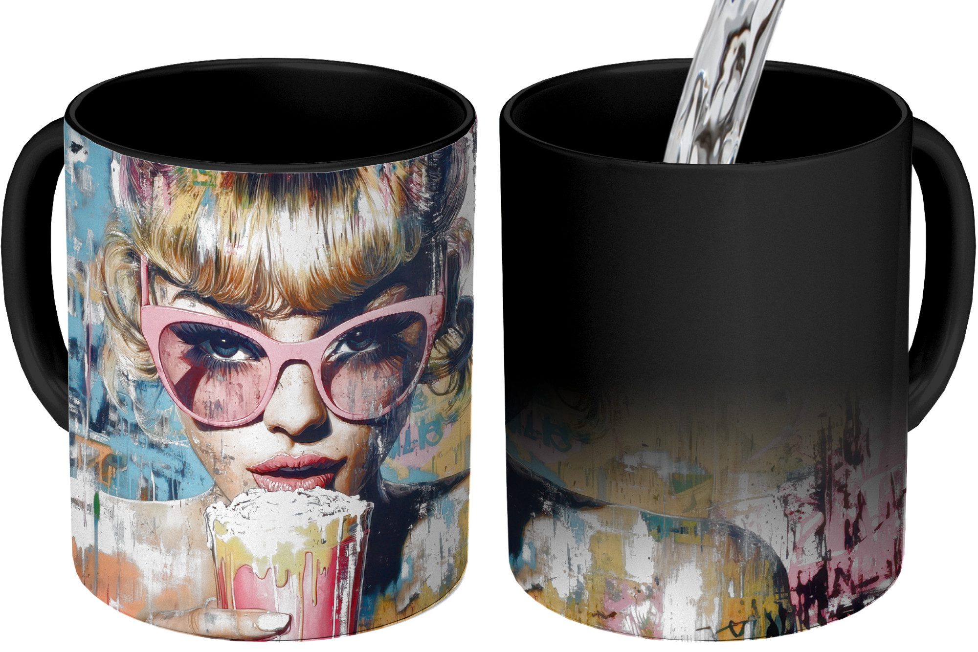 MuchoWow Tasse Sonnenbrille - Frau - Bunt - Farbspritzer, 1-tlg., Keramik, Farbwechsel, Kaffee Tassen, Teetasse, Zaubertasse, Geschenk