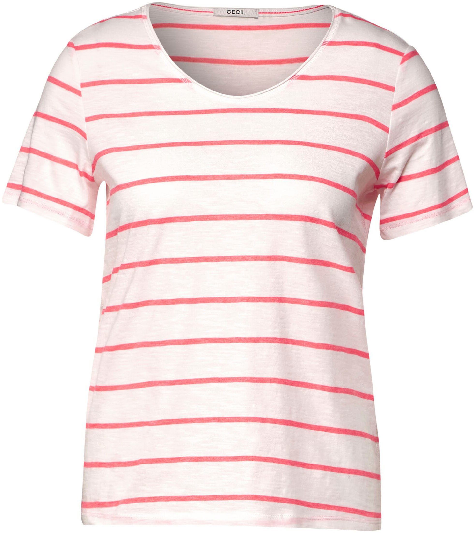 Cecil T-Shirt mit Rollkante bright coral am Ausschnitt