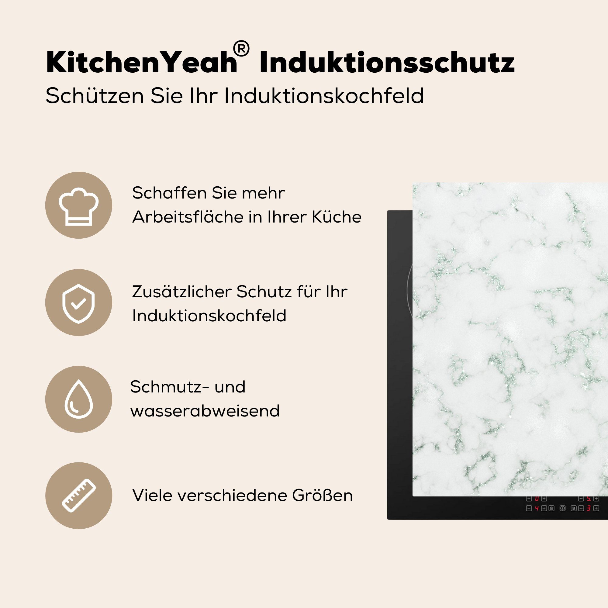 Marmor tlg), Weiß MuchoWow küche (1 cm, Ceranfeldabdeckung, für Herdblende-/Abdeckplatte Arbeitsplatte 78x78 - Grün, Vinyl, -
