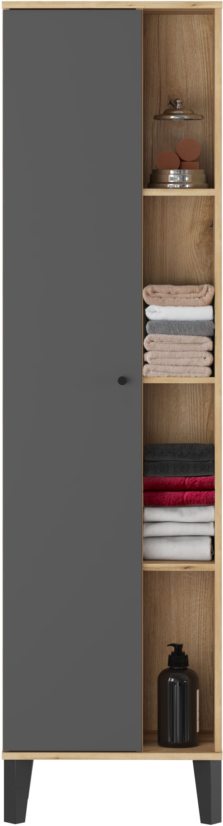 Home affaire Stauraumschrank Oslo, Badschrank mit Knopfgriff, Hochschrank im skandinavischen Design in der Türfarbe Weiß oder Grau verfügbar, ausreichend Staura – Bild 4 von 5