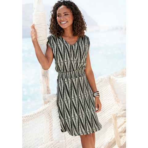 LASCANA Jerseykleid mit breitem Smokbund, kurzes Sommerkleid im Alloverprint, Strandkleid