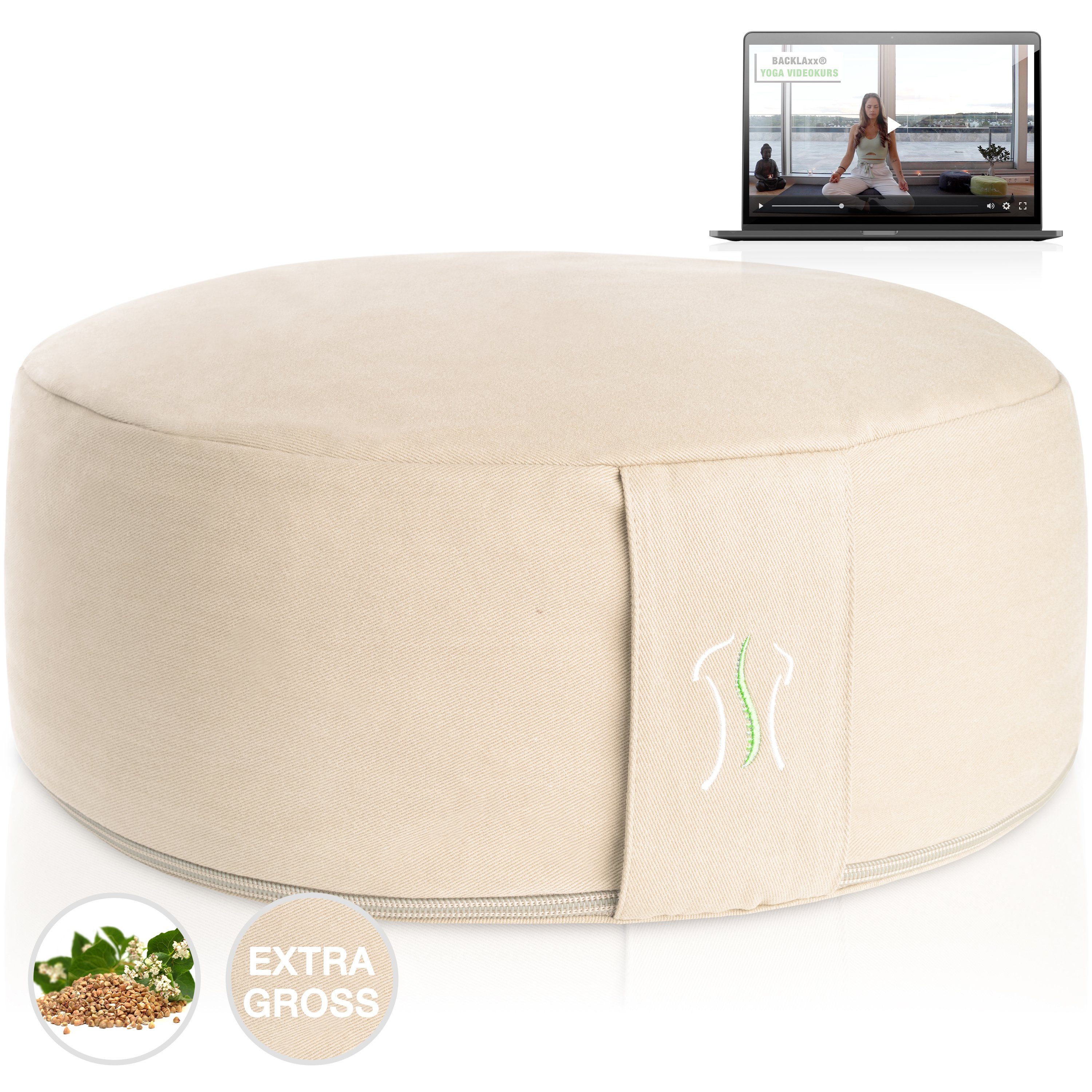 BACKLAxx® Meditationskissen rund 35 cm XL – Yoga Kissen mit formstabiler Buchweizenfüllung, für Meditation & Entspannung – Sitzkissen