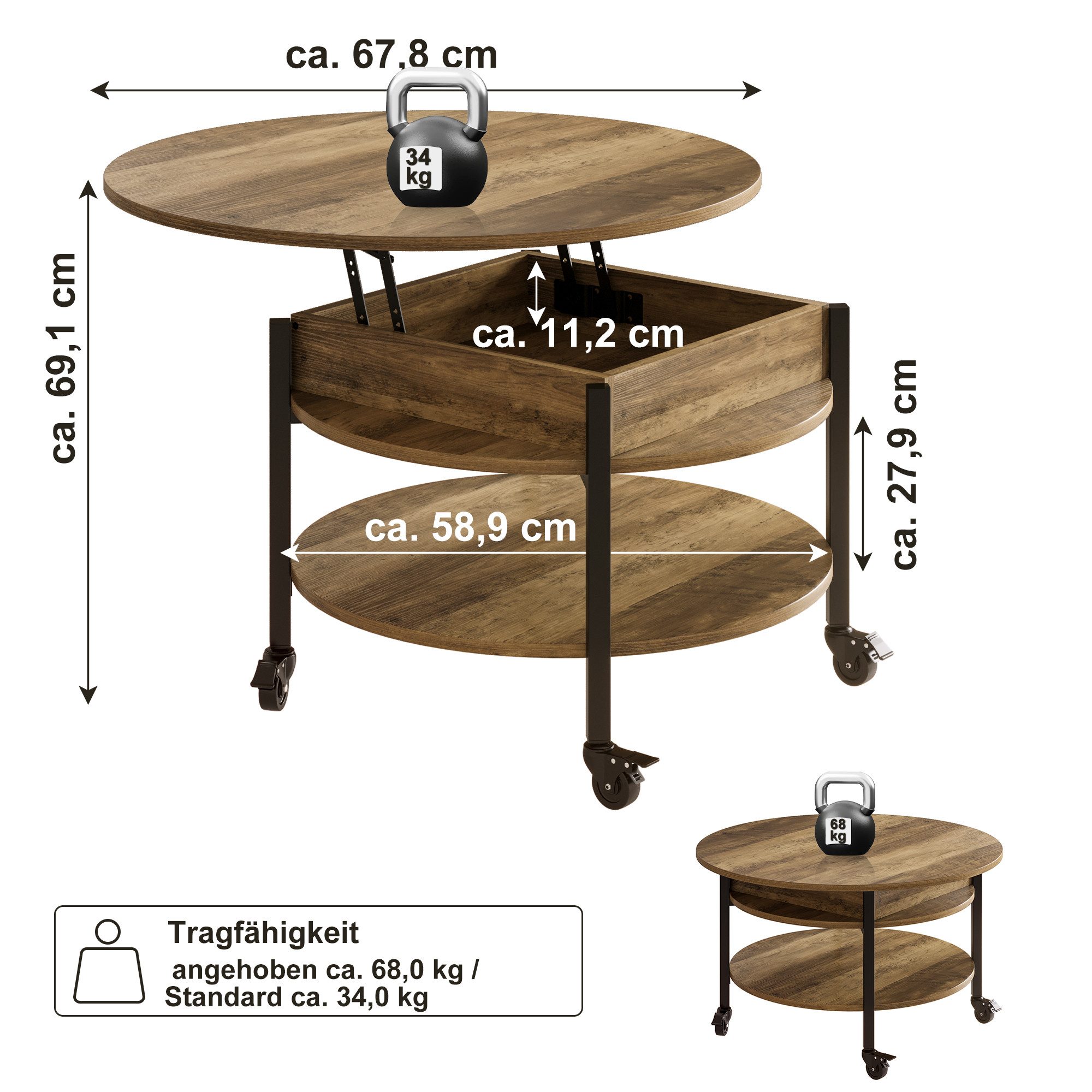 FABATO Couchtisch Runder Couchtisch mit Höhenverstellung, Rädern und Staufach (1-St), ideal für Wohnzimmer, in Natur