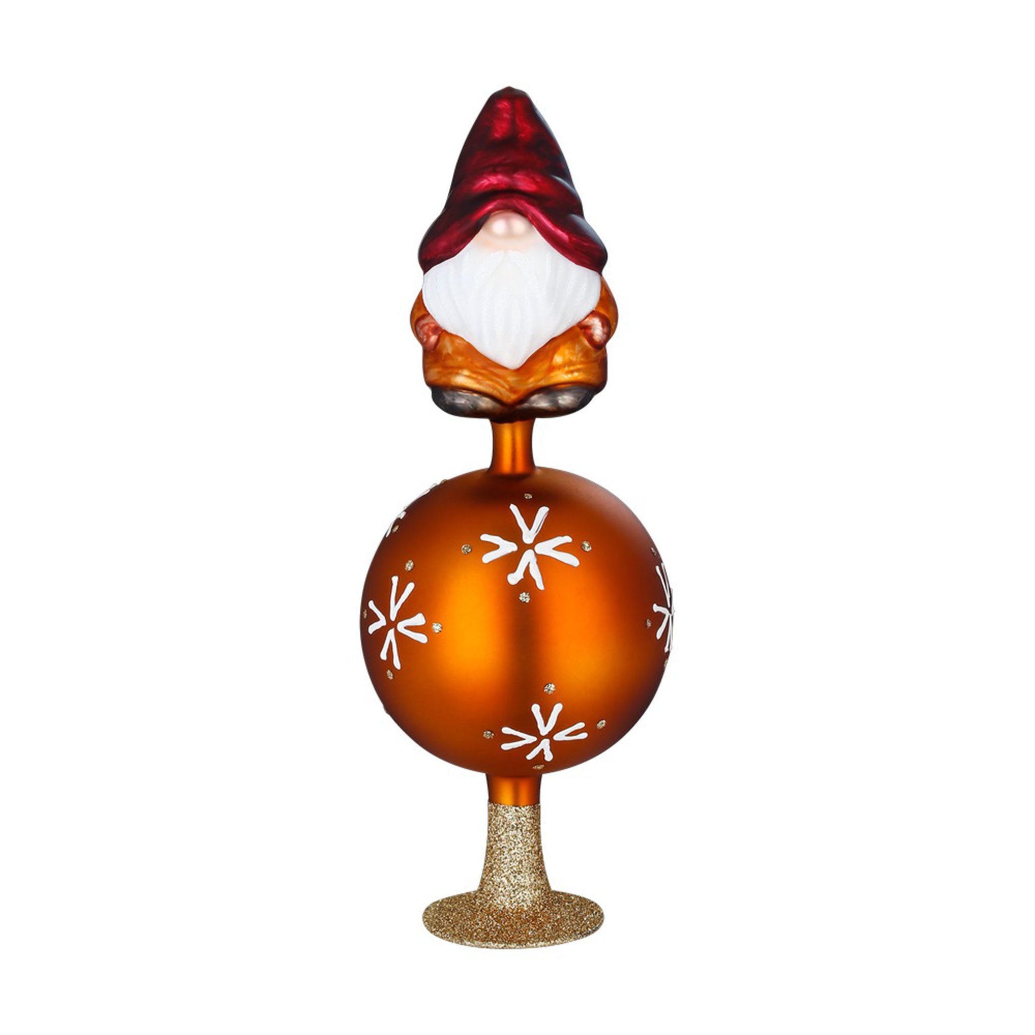 INGE-GLAS® Christbaumspitze, Christbaumspitze Glas 20,5cm mit Wichtel Figur & Schneeflocken Braun