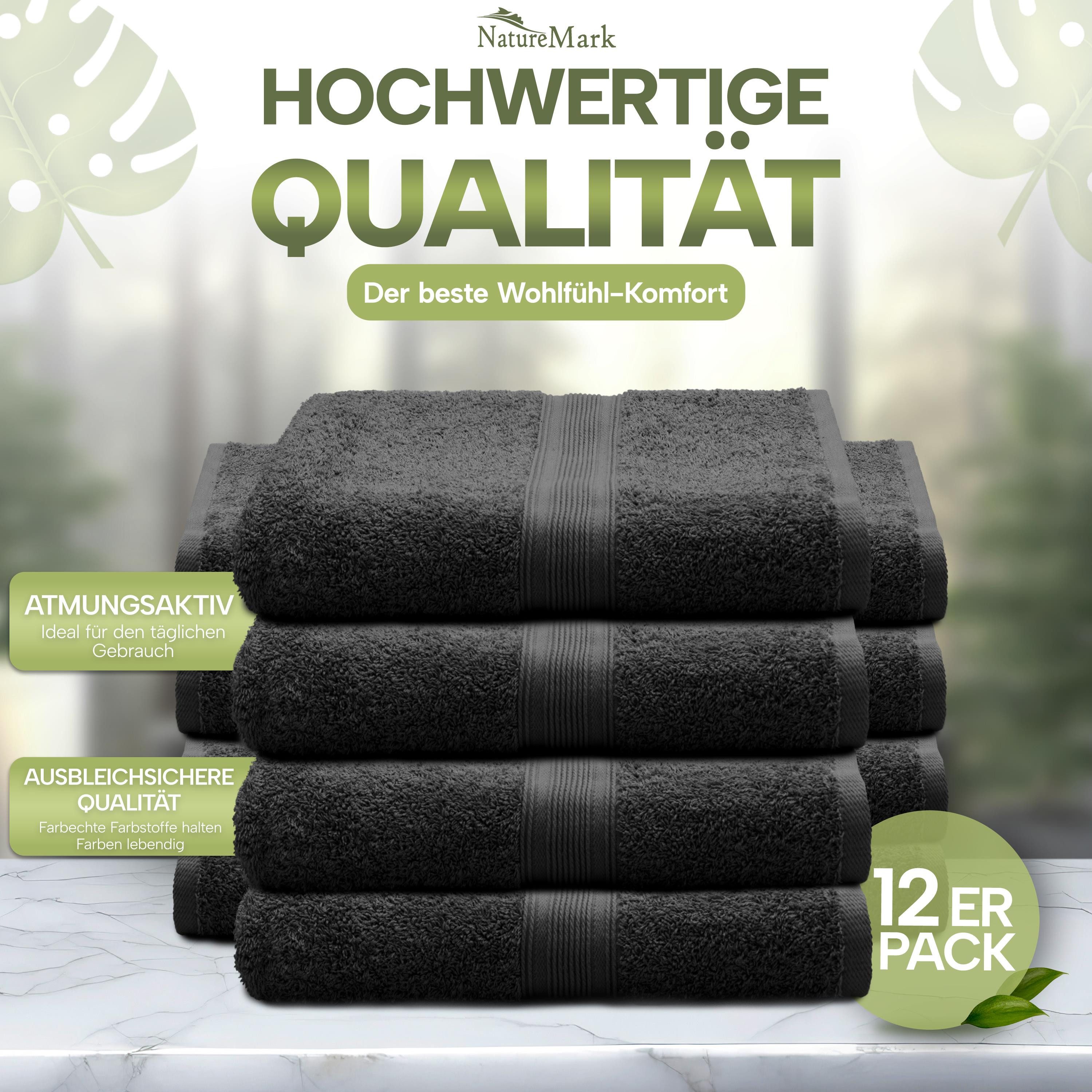 NatureMark Gästehandtuch Gästetuch 500gsm, 100% Baumwolle (12-St), Gästehandtuch Premium Qualität, 30x50cm, Schwarz