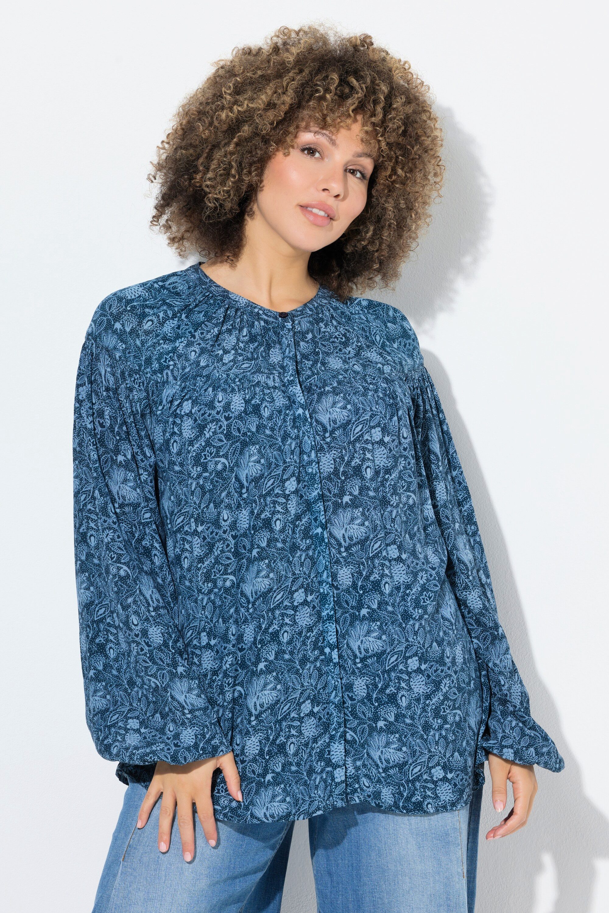 Ulla Popken Satinbluse Bluse Blüten/Schwalben Rundhals günstig online kaufen