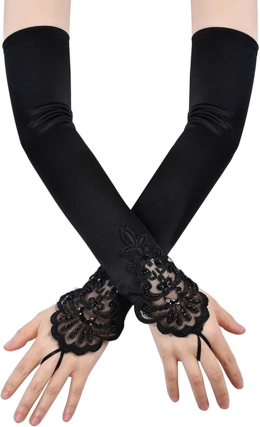KIKI Abendhandschuhe Schwarz Lange Handschuh,Classic Elegant Fingerlose Handschuhe