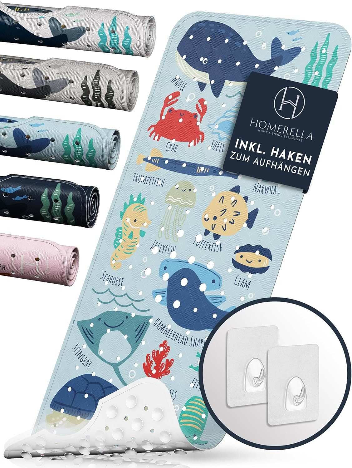 Homerella Badematte rutschfest Kinder - 100% BPA frei Inkl. 2 Haken zum Aufhängen 100x40cm, Antirutschmatte Badewanne Baby hautsensitiv & schimmelresistent, Badewannenmatte rutschfest & waschbar