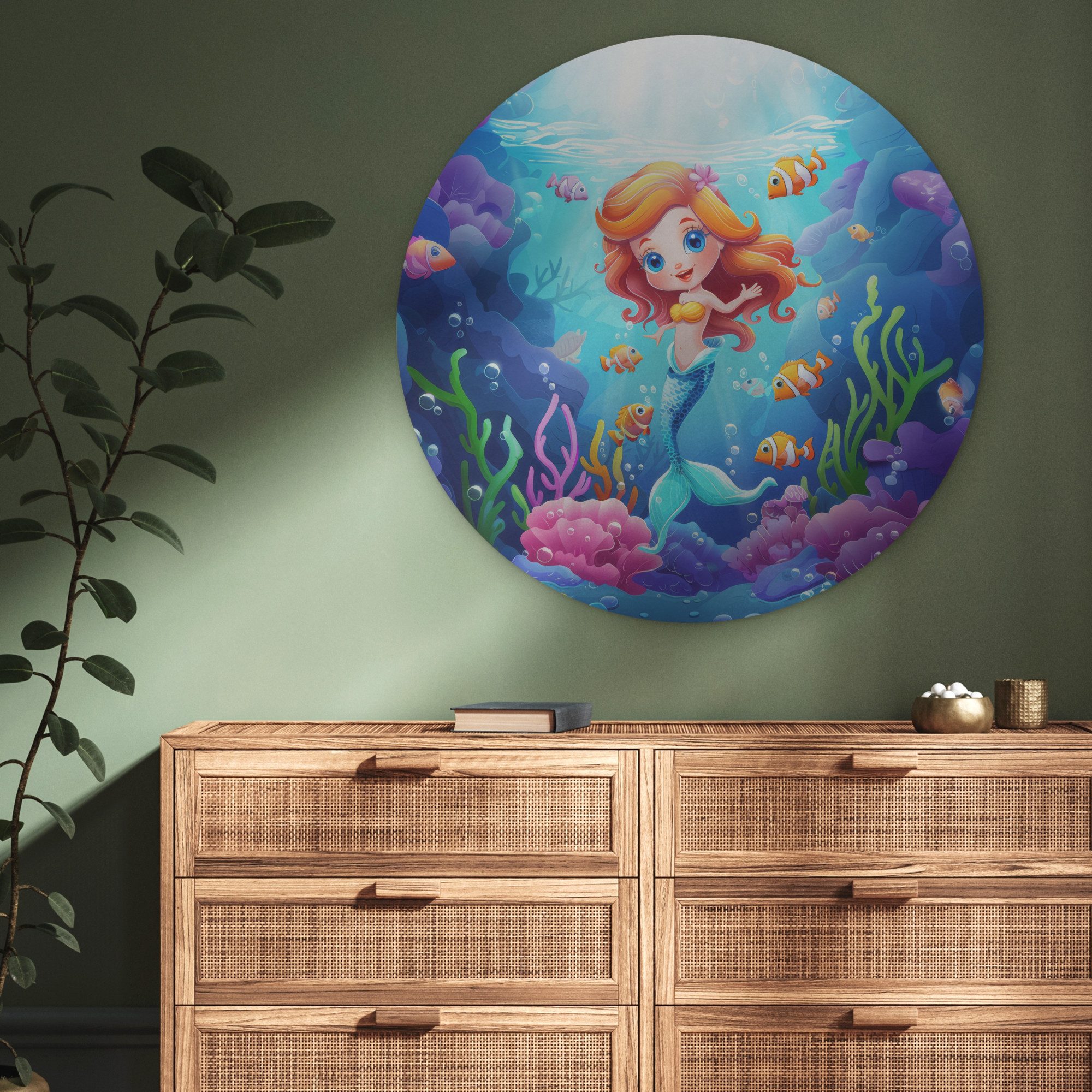 MuchoWow Gemälde Meerjungfrau - Unterwasserwelt - Fische - Ozean, Fotodruck (1 St), Wandkreis XXL, Wandpaneele, Schalldämmung, Akustikbilder 90x90 cm