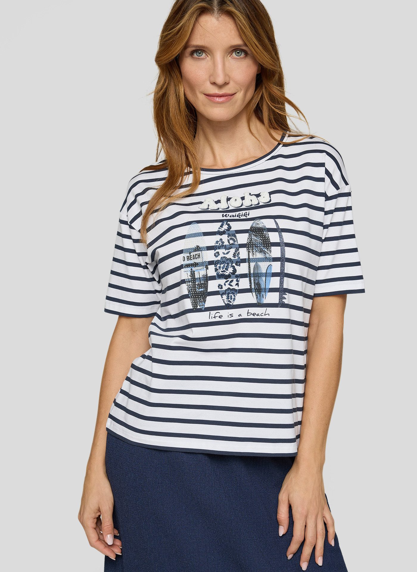 Rabe Kurzarmshirt im Streifen-Design und mit Glitzersteinen