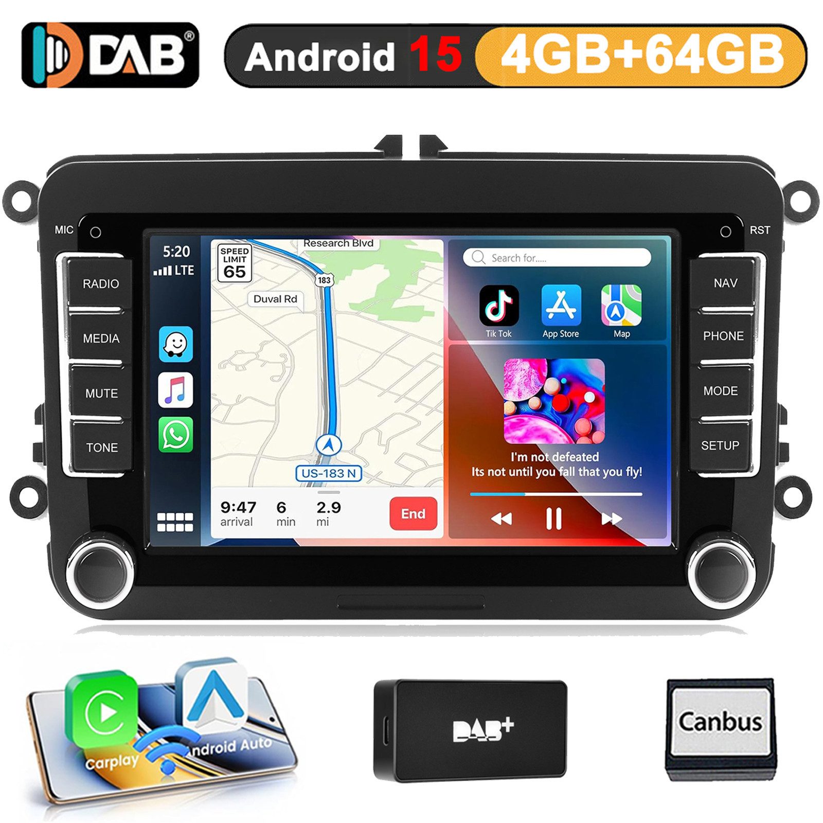 A-Sure 4+64 Android 15 CarPlay für VW GOLF 5 6 Plus Polo Cadddy Touran Passat Autoradio (RDS, DSP, 8Core, Digitalradio (DAB), FM, AM, 4+64G / Bluetooth 5.4 /WiFi 6.0 / SWC)