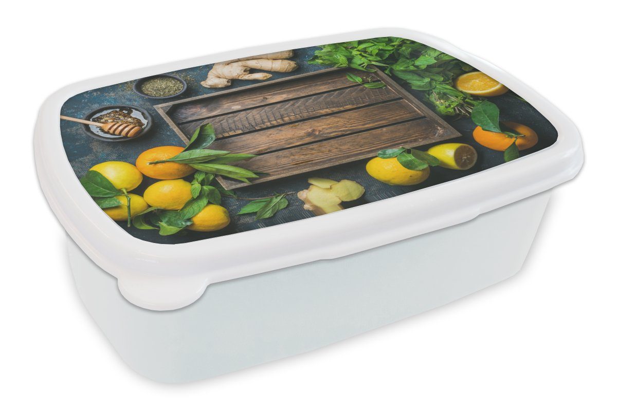 MuchoWow Lunchbox Obstkiste - Zitrone, Kunststoff, (2-tlg), Brotbox für Kinder und Erwachsene, Brotdose, für Jungs und Mädchen weiß