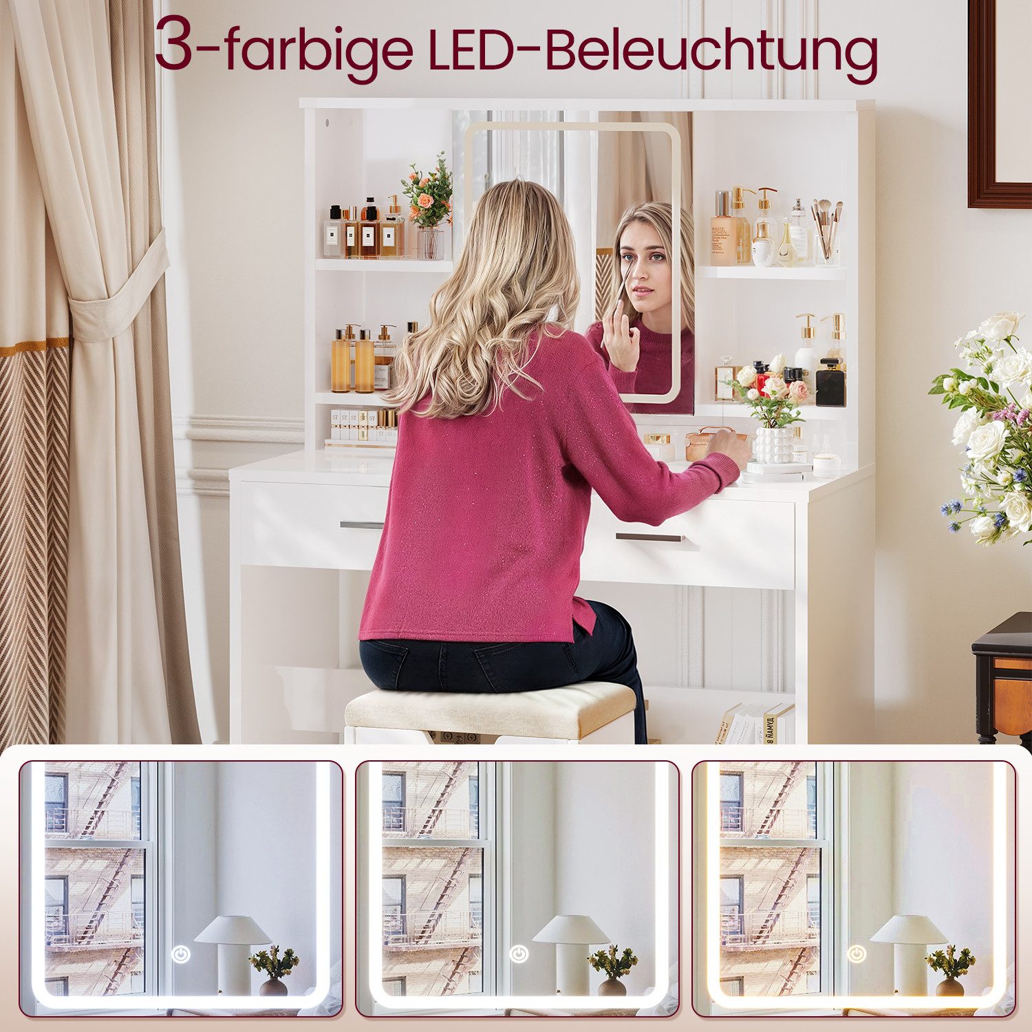 HOMALL Schminktisch Schminktisch mit Spiegel und LED 2 Schubladen und 6 Ablagefächer (Dreifarbiges Einbau-Lichtband mit Unterbau-Tretplatte Kostengünstige Wahl) – Bild 5 von 5
