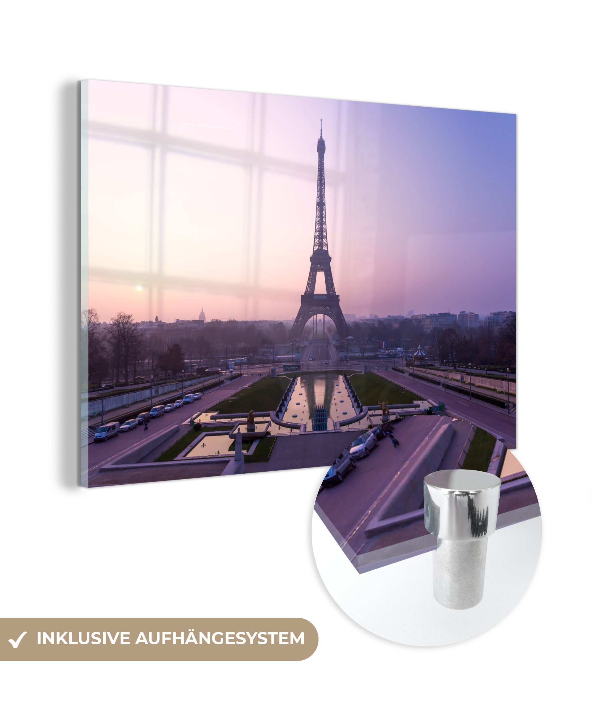 MuchoWow Acrylglasbild Lila Himmel über dem Eiffelturm in Paris, (1 St), Acrylglasbilder Wohnzimmer & Schlafzimmer
