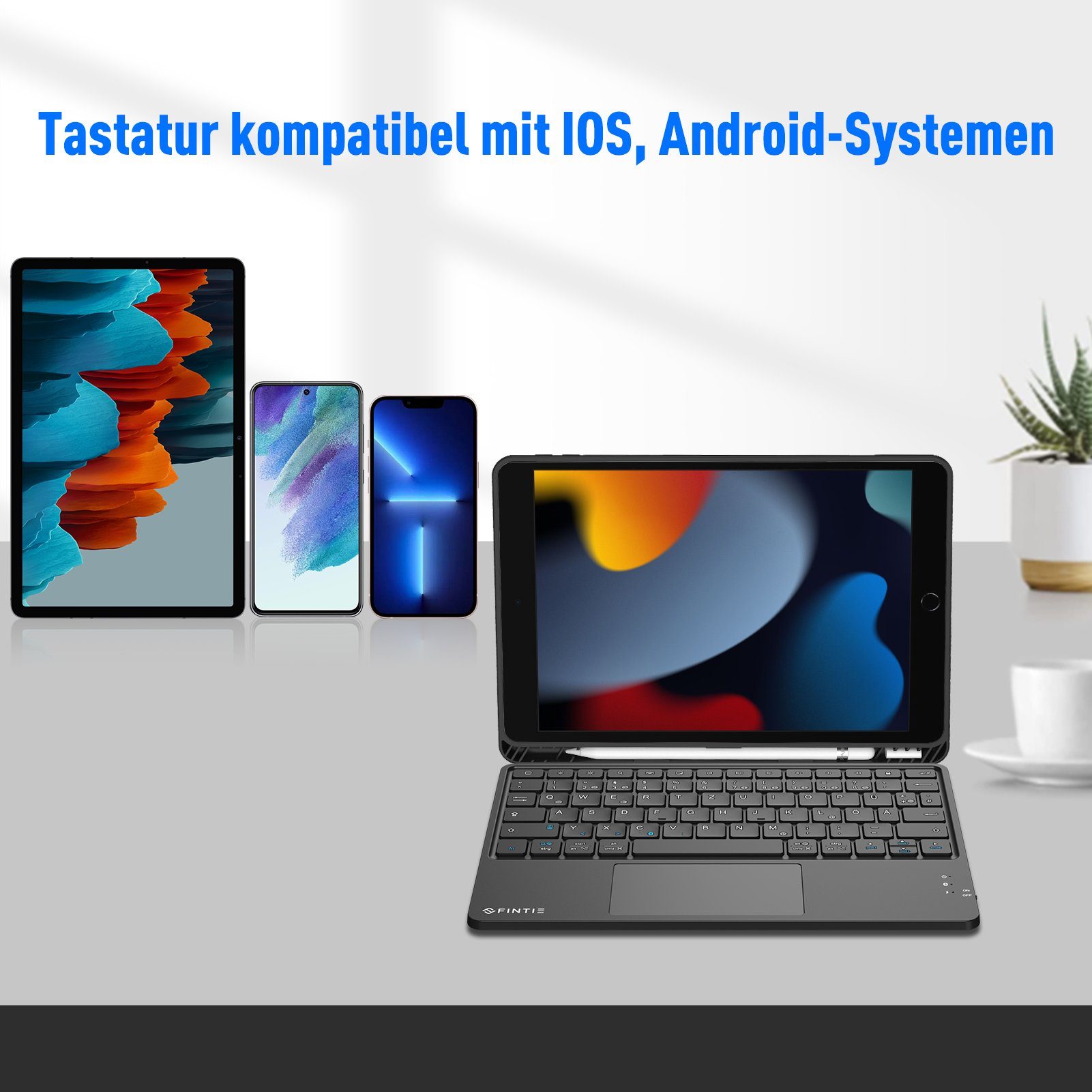 Smartphone, Tablets, Schwarz Kabellose mit iPhone, Bluetooth Touchpad, Samsung, Fintie Layout Deutsch Tablet-Tastatur iPad, Tastatur (für Tastatur Android-Tablets) Lenovo