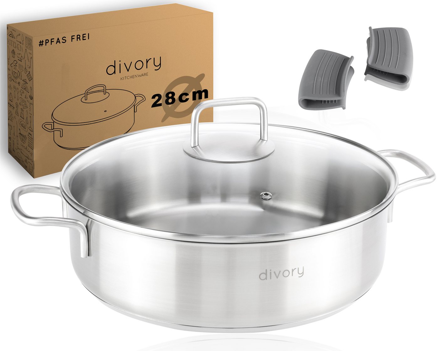 divory Schmorpfanne Edelstahlpfanne unbeschichtet, mit Deckel, Induktion (28 cm), Edelstahl