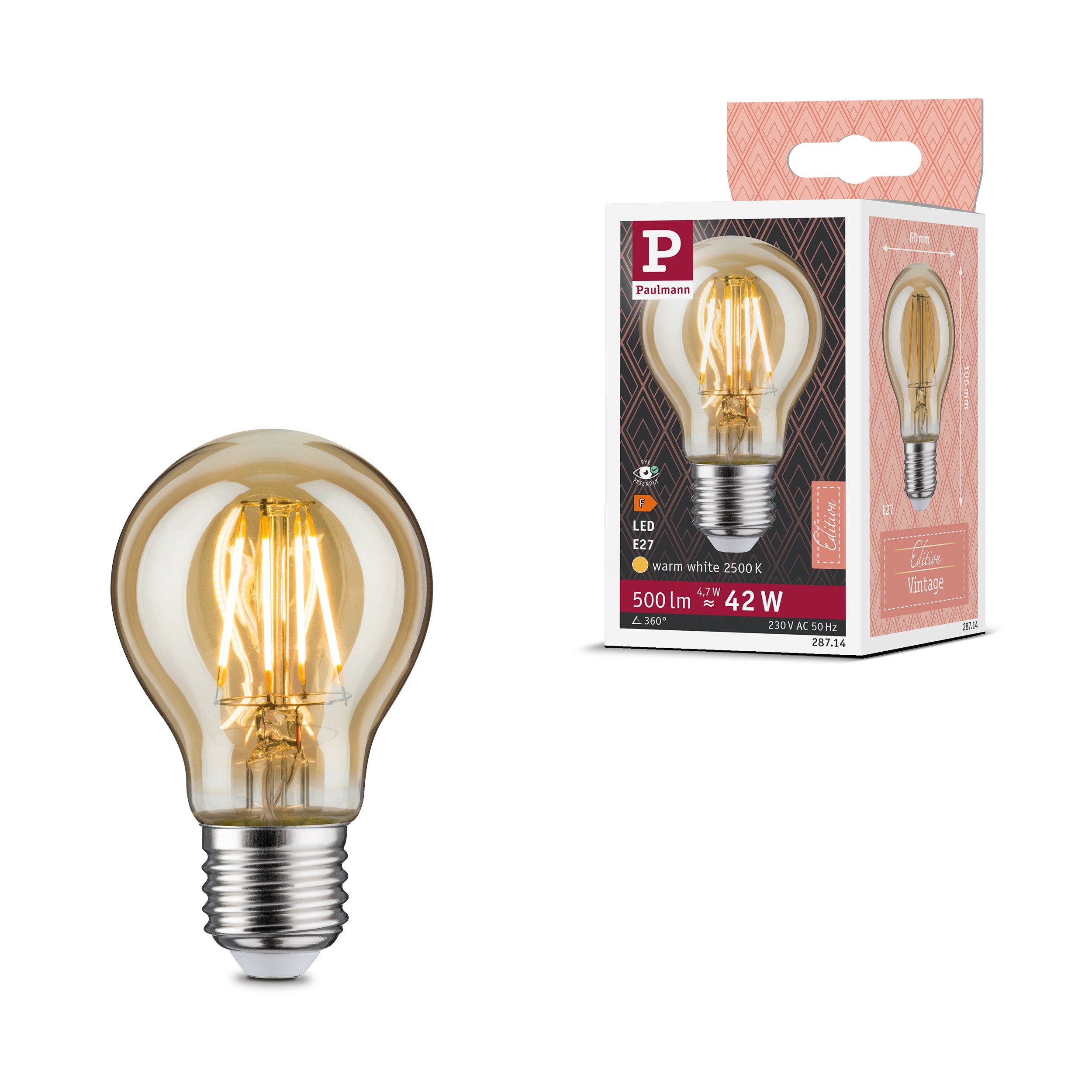 Paulmann LED-Leuchtmittel Vintage Edition Standard 230V LED Birne E27 500lm 4,7W 2500K Gold, E27, 1 St.