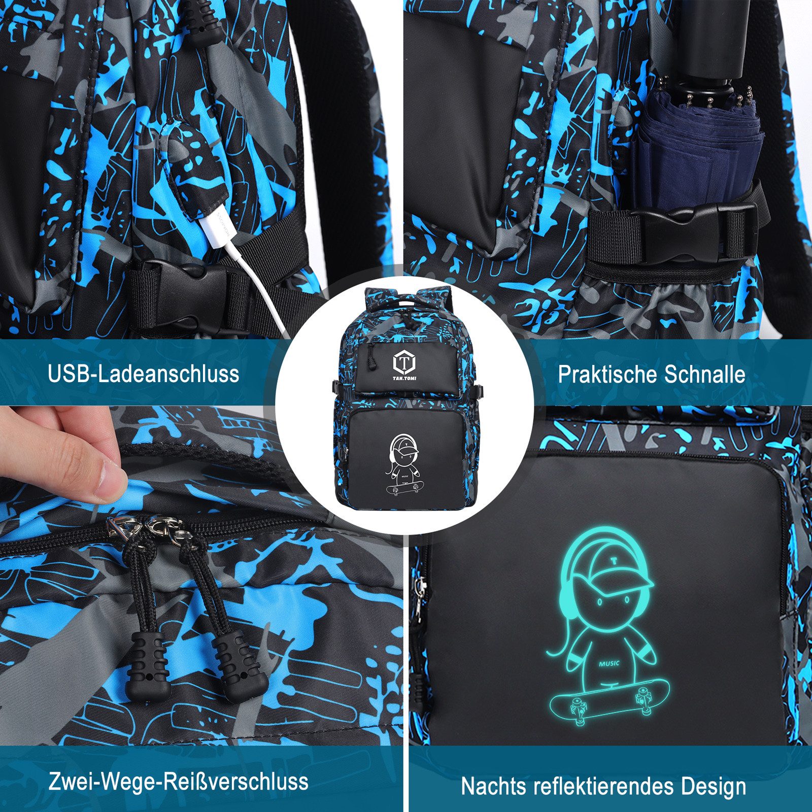 TAN.TOMI Schulrucksack Rucksack Jungen Schulrucksack Mädchen Teenager Jugendliche Daypacks, Kinder Reflektierender Schultasche Outdoor Camping Groß Schulranzen