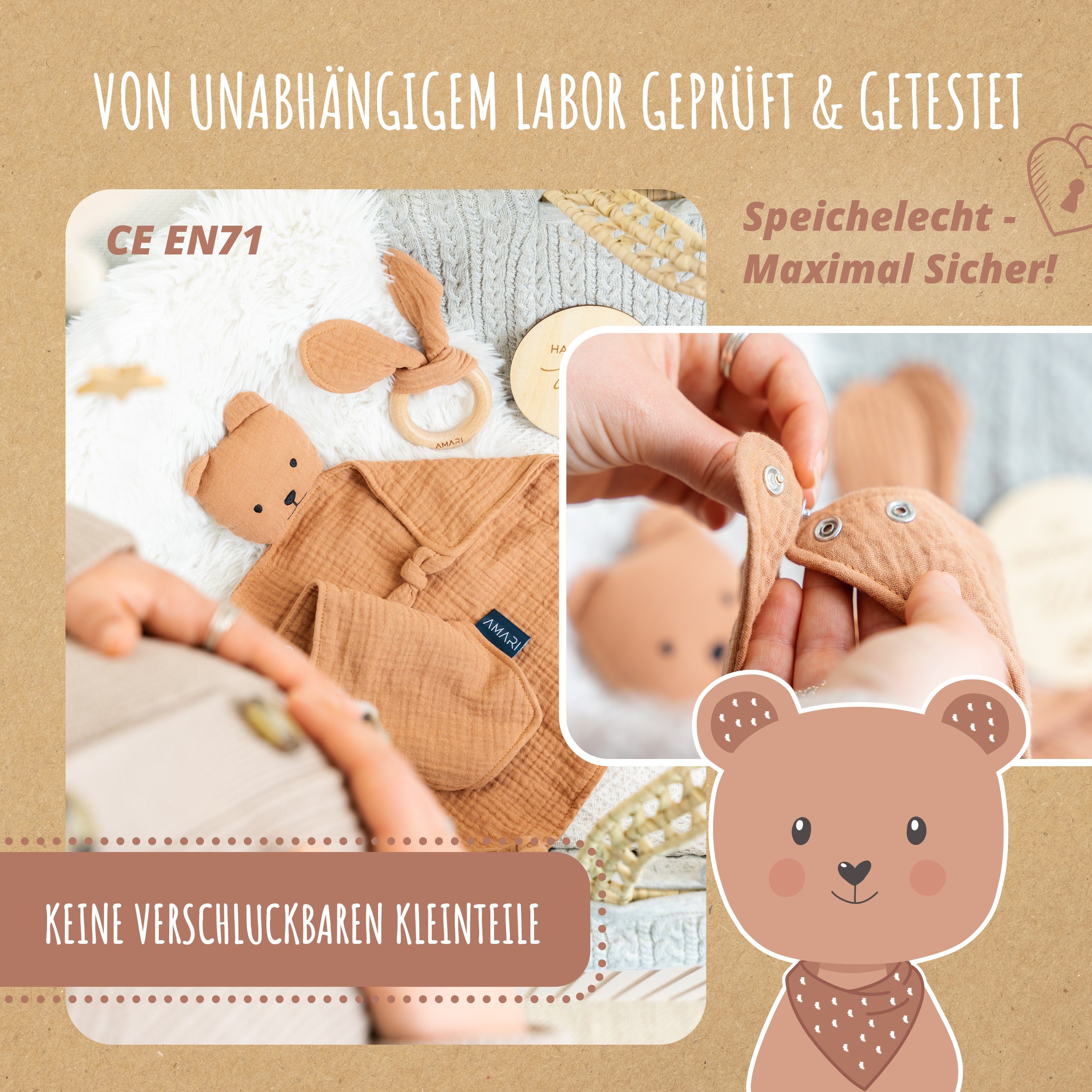 Amari Schmusetuch AMARI ® Schmusetuch mit Beißring und Lätzchen