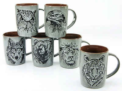 CreaTable Becher Kaffeebecher Wildlife, Steinzeug, Tiermotive als Relief, Tassen Set, 6-teilig