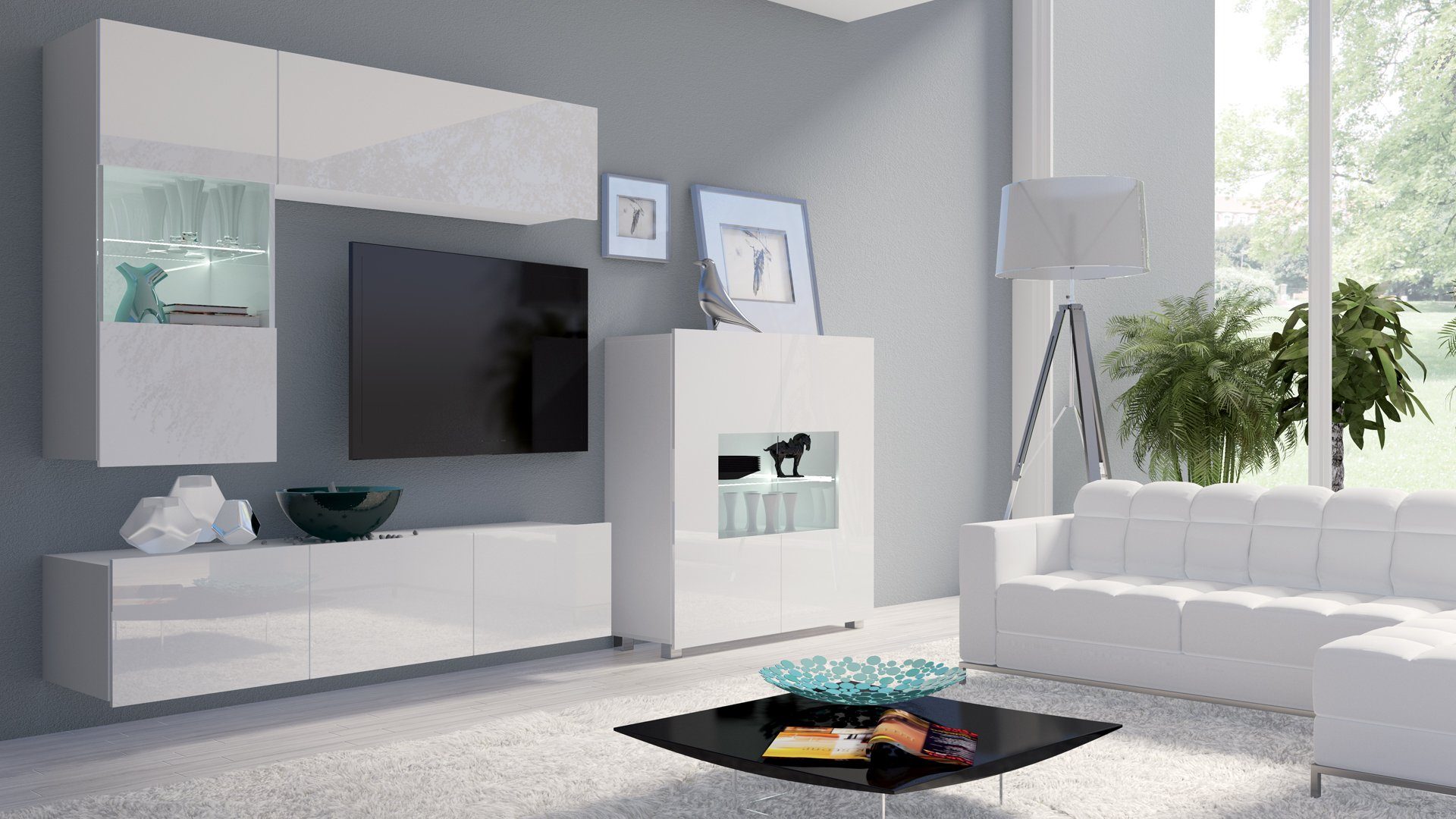 Stylefy Wohnwand Bietula, (4-St), (Set Hochglanz wahlweise mit Design, Modern variabel LED-Beleuchtung, Wohnzimmer-Set), Weiß 4-teilig, hängbar