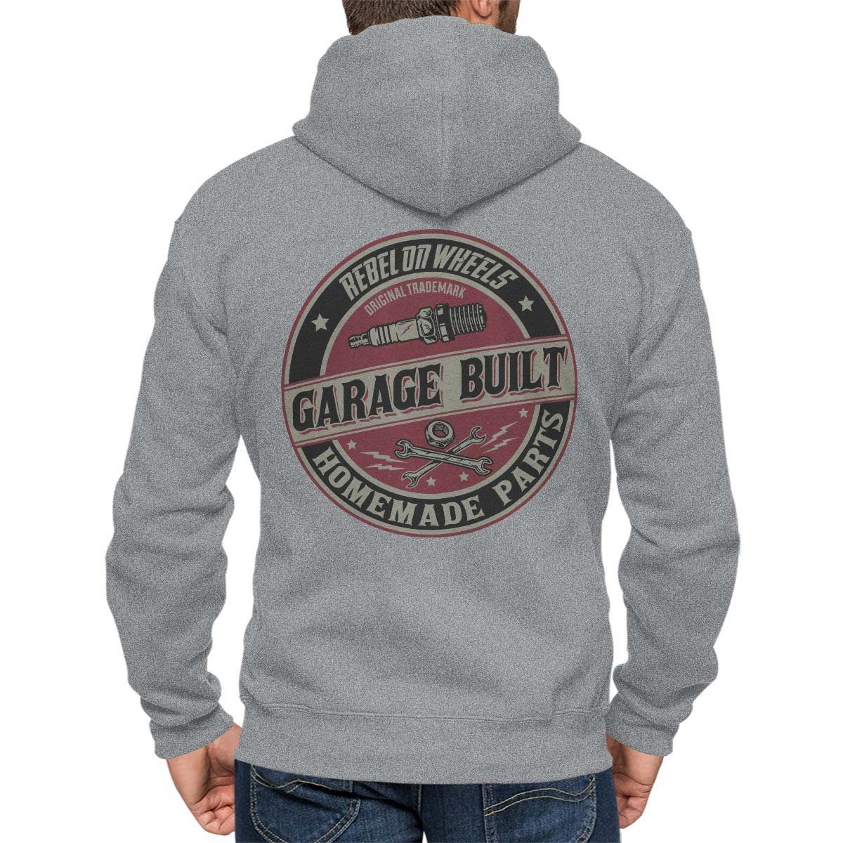 Rebel On Hoodie Grau Kapuzenjacke Garage Motiv mit Melange US-Car Zip Auto Kapuzensweatjacke Wheels Built 
