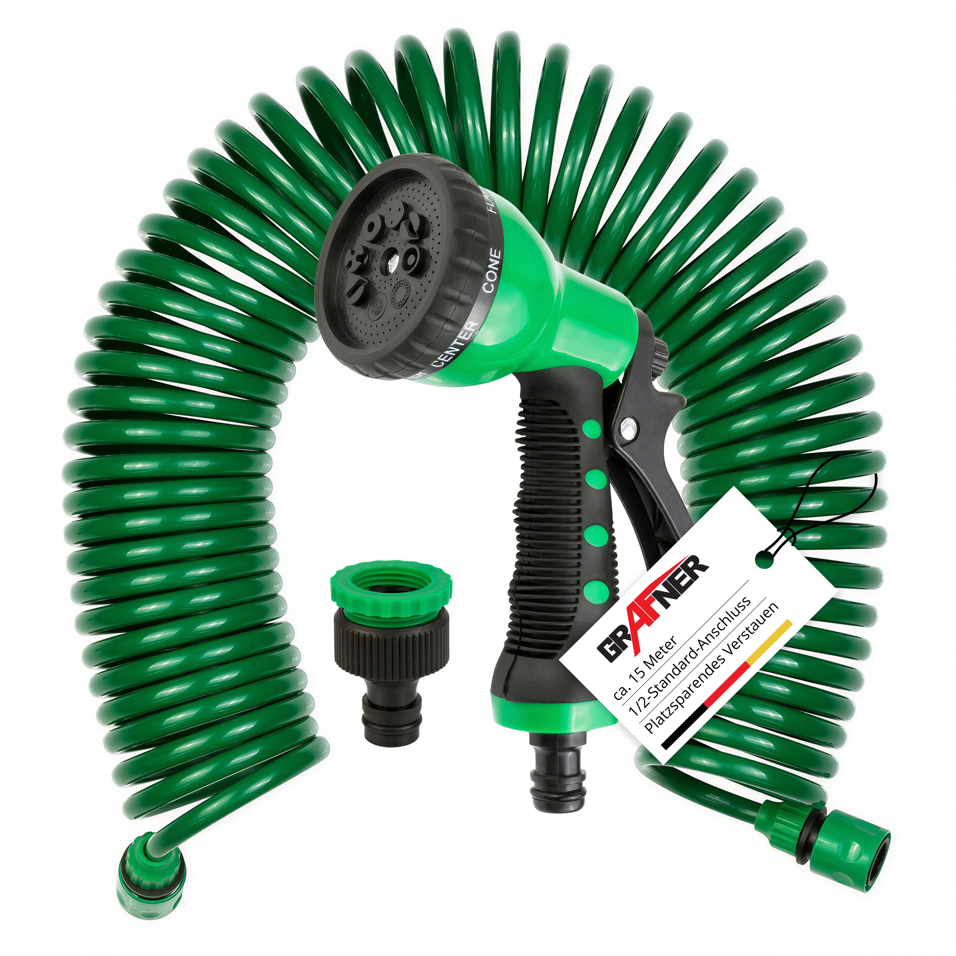 Grafner Gartenschlauch Gartenschlauch Spiralschlauch 15m 1/2" inkl. 8 Funktionen Brause, ausgedehnt ca. 15 Meter, Kein Platzen! Dornen und Sträucher – Kein Problem!