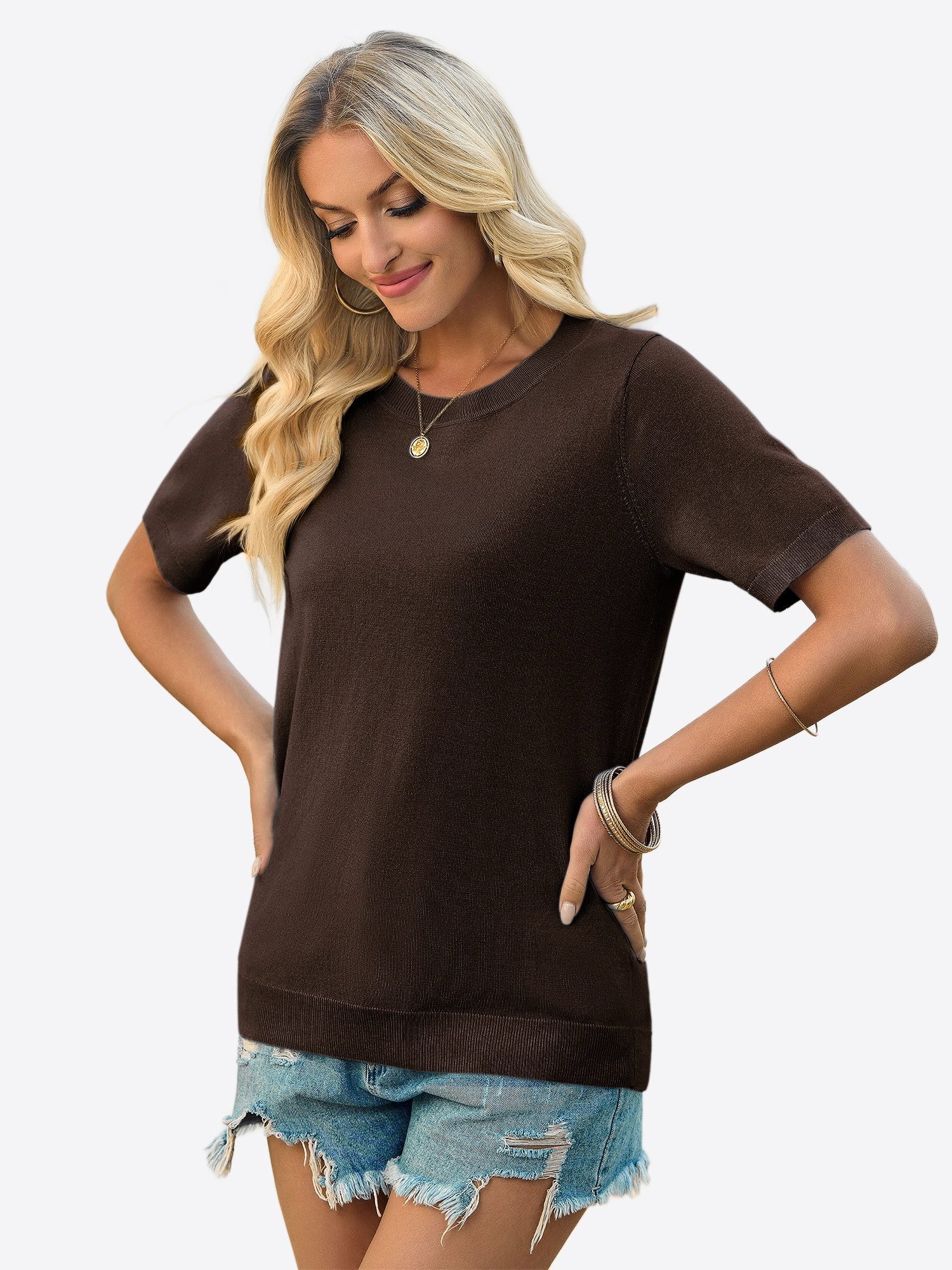 Imily Bela T-Shirt Damen Lässige Strickoberteile mit Rundhalsausschnitt (Packung, 1-tlg., 1per-Pack) einfarbig