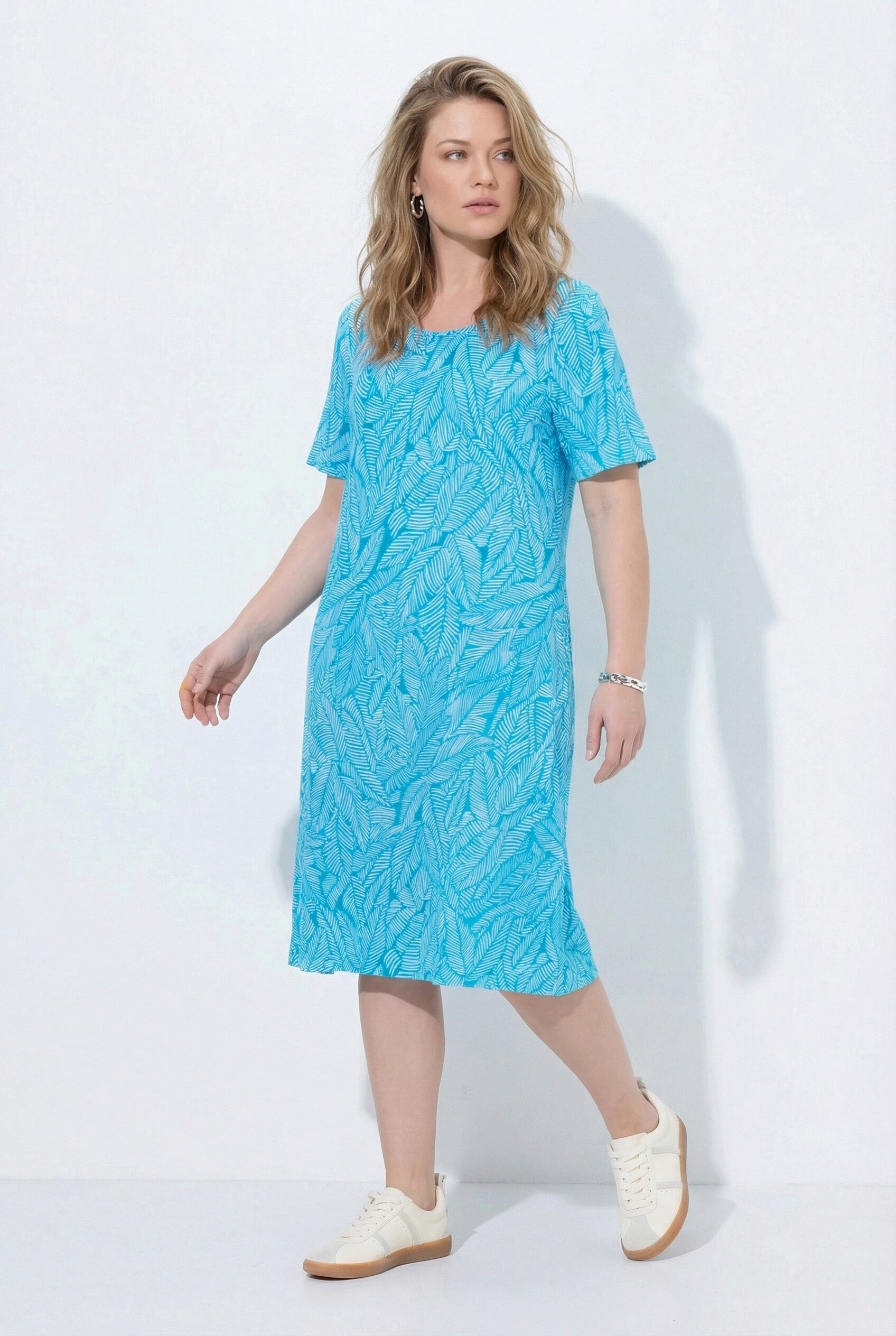 Ulla Popken Jerseykleid Jerseykleid Blätter A-Linie Rundhals Halbarm