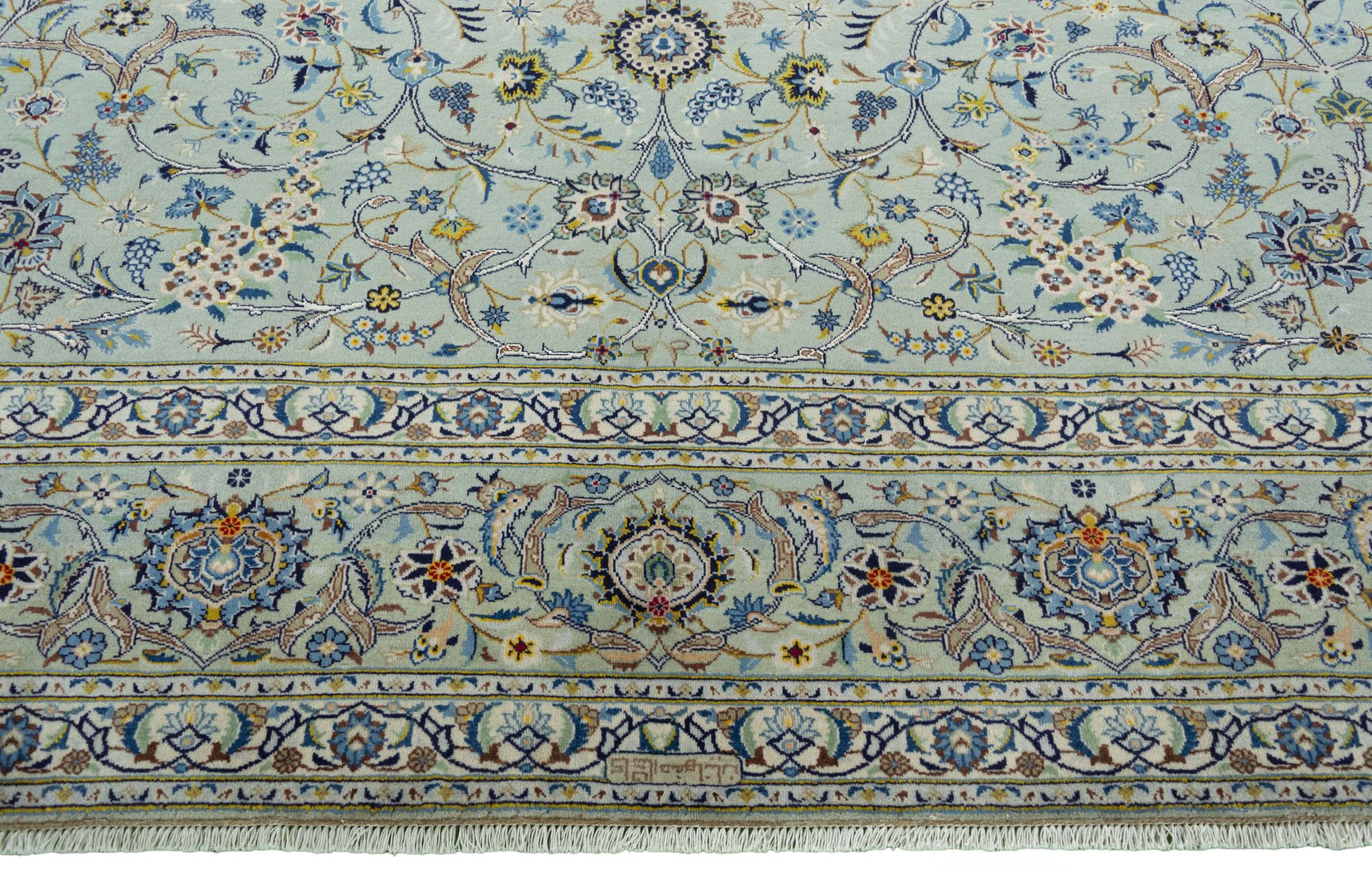 CABBEL Orientteppich 437x326 cm Perser Kashan Grün Schurwolle Handgeknüpft Klassisch Unikat, rechteckig, Höhe: 8 mm, 100% Schurwolle – weich, pflegeleicht, solide Knüpfdichte