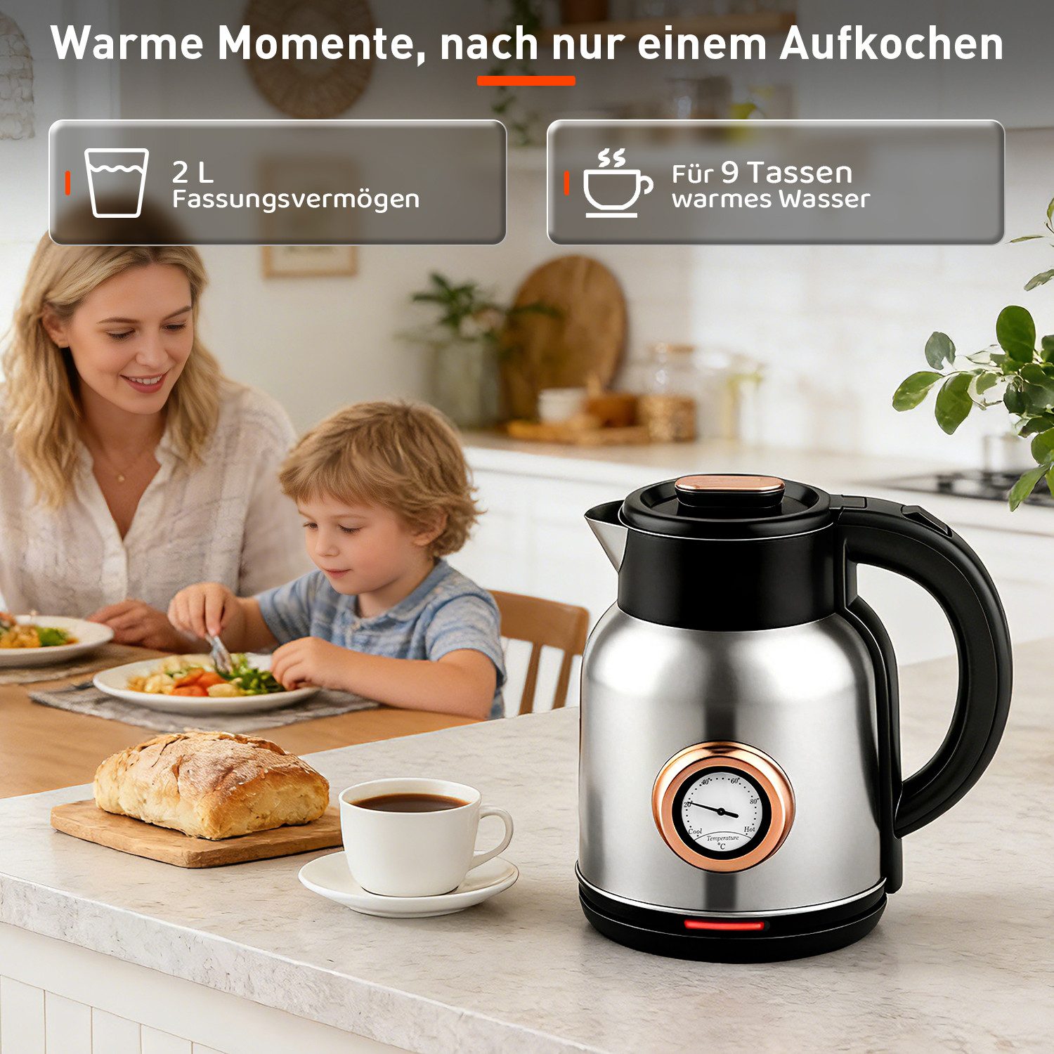 CkeyiN Pro Wasserkocher 304 Edelstahl,2L,Echtzeit-Thermometer,360°-Basis, 1500 W, Überhitzungsschutz, Trockengehschutz,Sprungdeckel,Leuchtanzeige – Bild 4 von 5