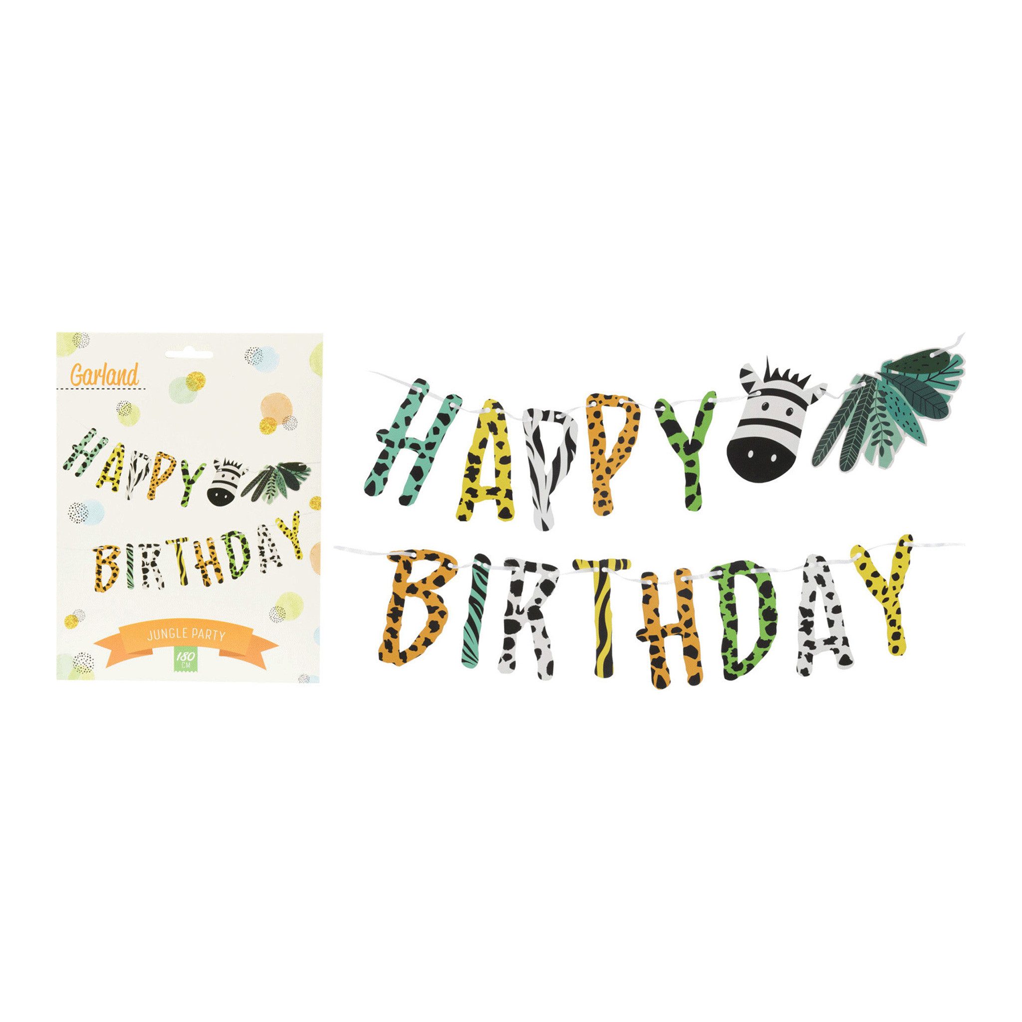 Free & Easy Girlande, Happy Birthday Girlande 180cm mit Tiermuster / Zebra Motiv Bunt