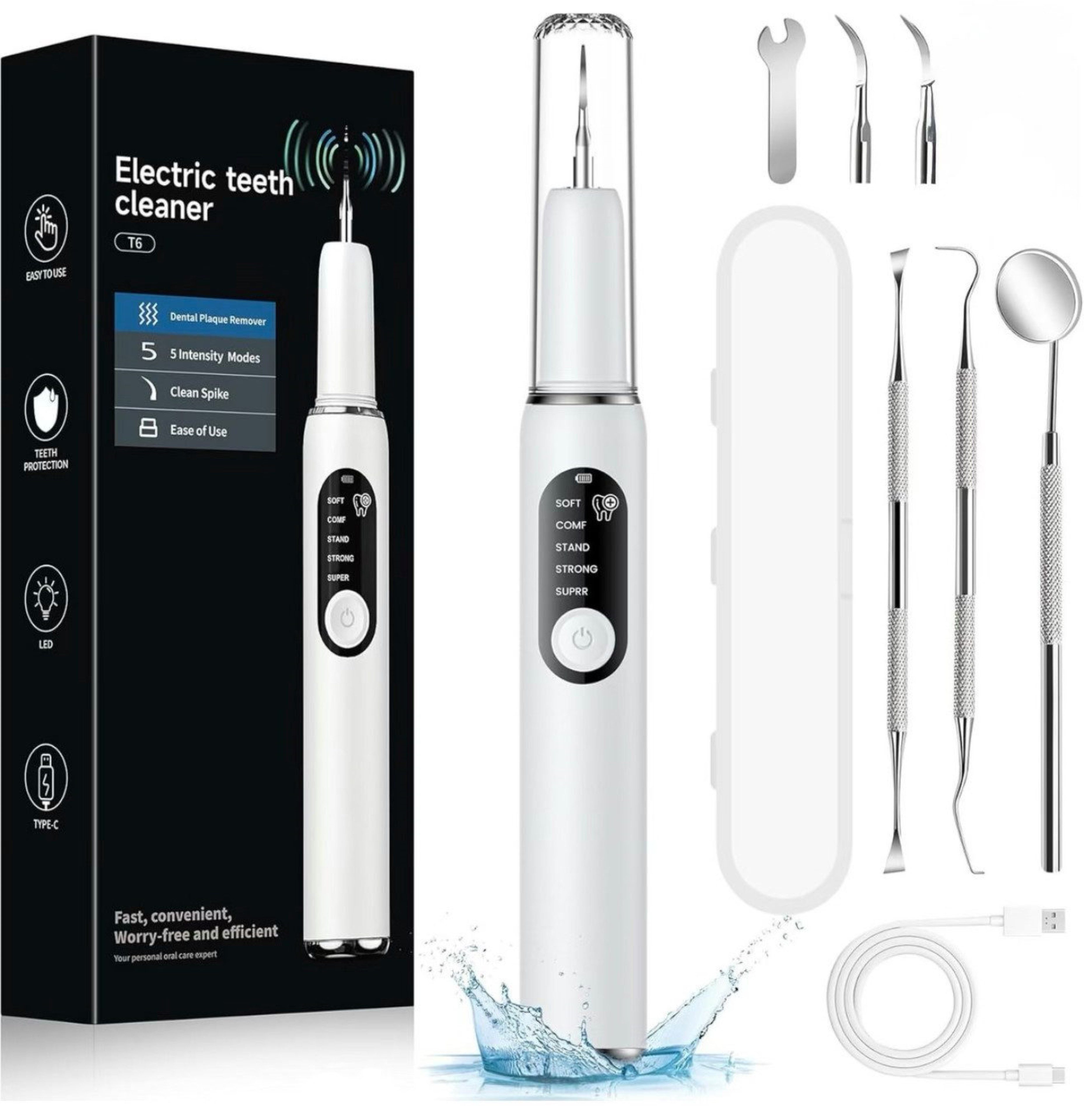 FIVAVA Zahnpflege-Set Zahnsteinentferner mit Akku, LED-Licht & 3 Edelstahlaufsätzen, Professionelles Zahnreinigungs-Set für Erwachsene mit LED & Zubehör, Zahnpflege-Set für zuhause inklusive Aufsätze und Zubehör, Effektiver Zahnsteinentferner mit LED & Vibrationsreinigung