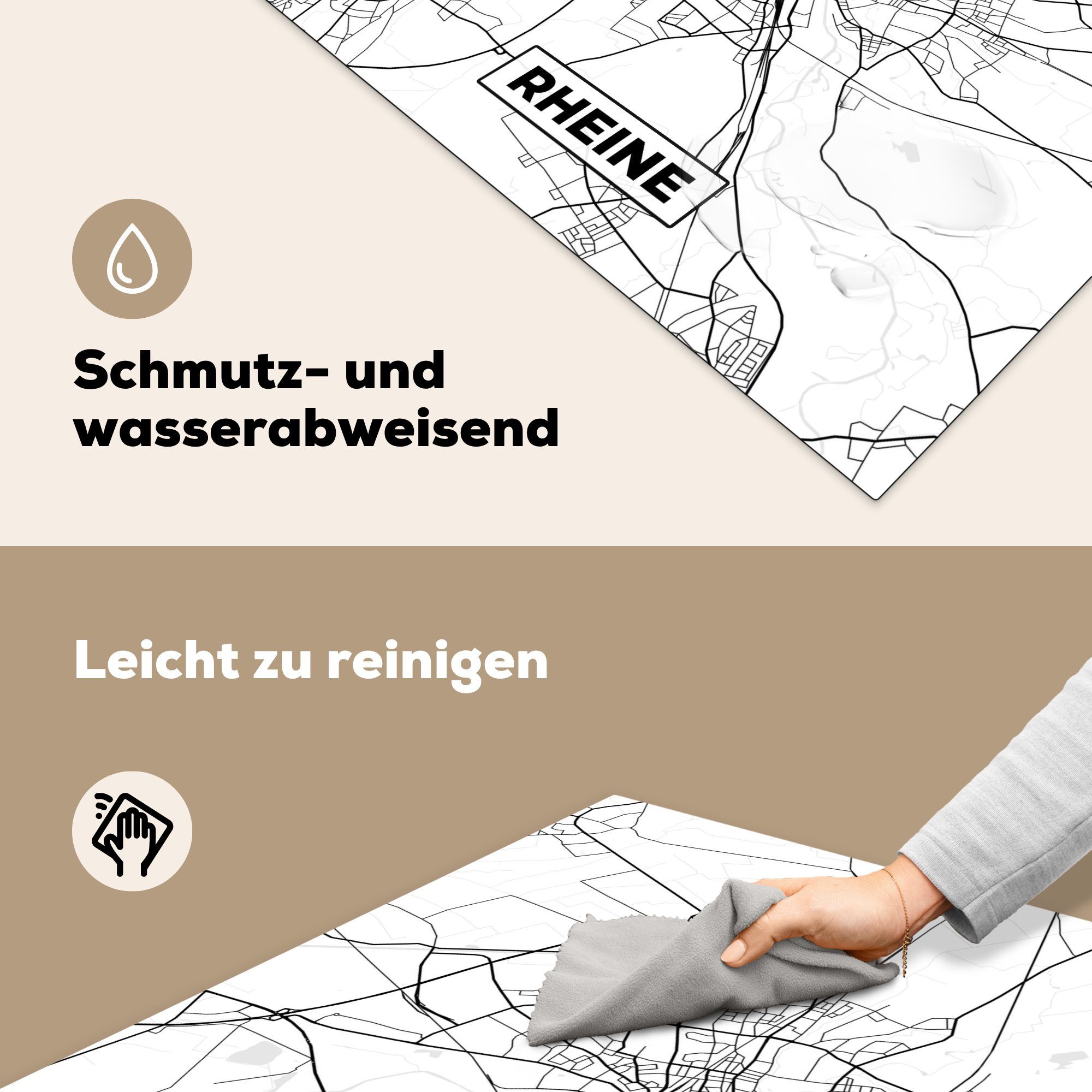 für küche Stadtplan (1 Rheine Vinyl, tlg), Karte - 78x78 Arbeitsplatte - Herdblende-/Abdeckplatte Wegbeschreibung, MuchoWow Ceranfeldabdeckung, - cm,