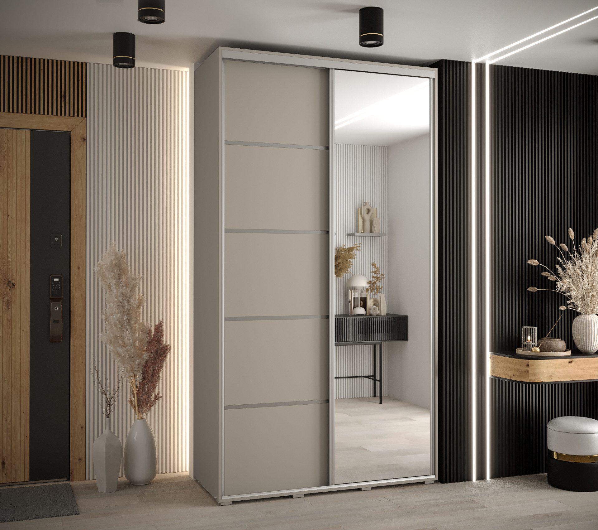 ABIKS MÖBEL Schwebetürenschrank Dakota 5 Schlafzimmerschrank mit Spiegel, Kleiderstange und Regalen